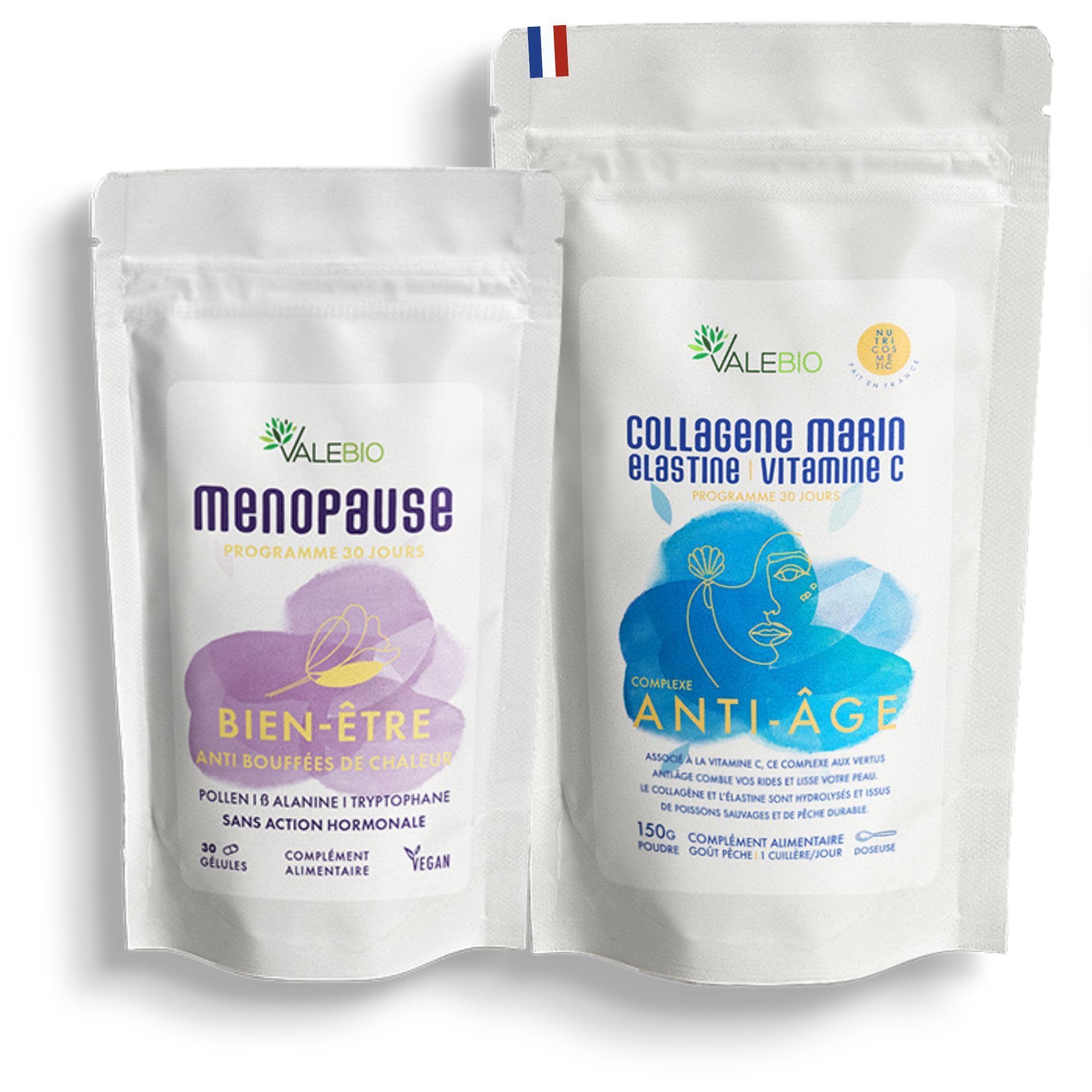 Duo anti-âge | Collagène marin + complexe ménopause | Cure 1 mois âge d'or anti rides & désagréments hormonaux | Valebio