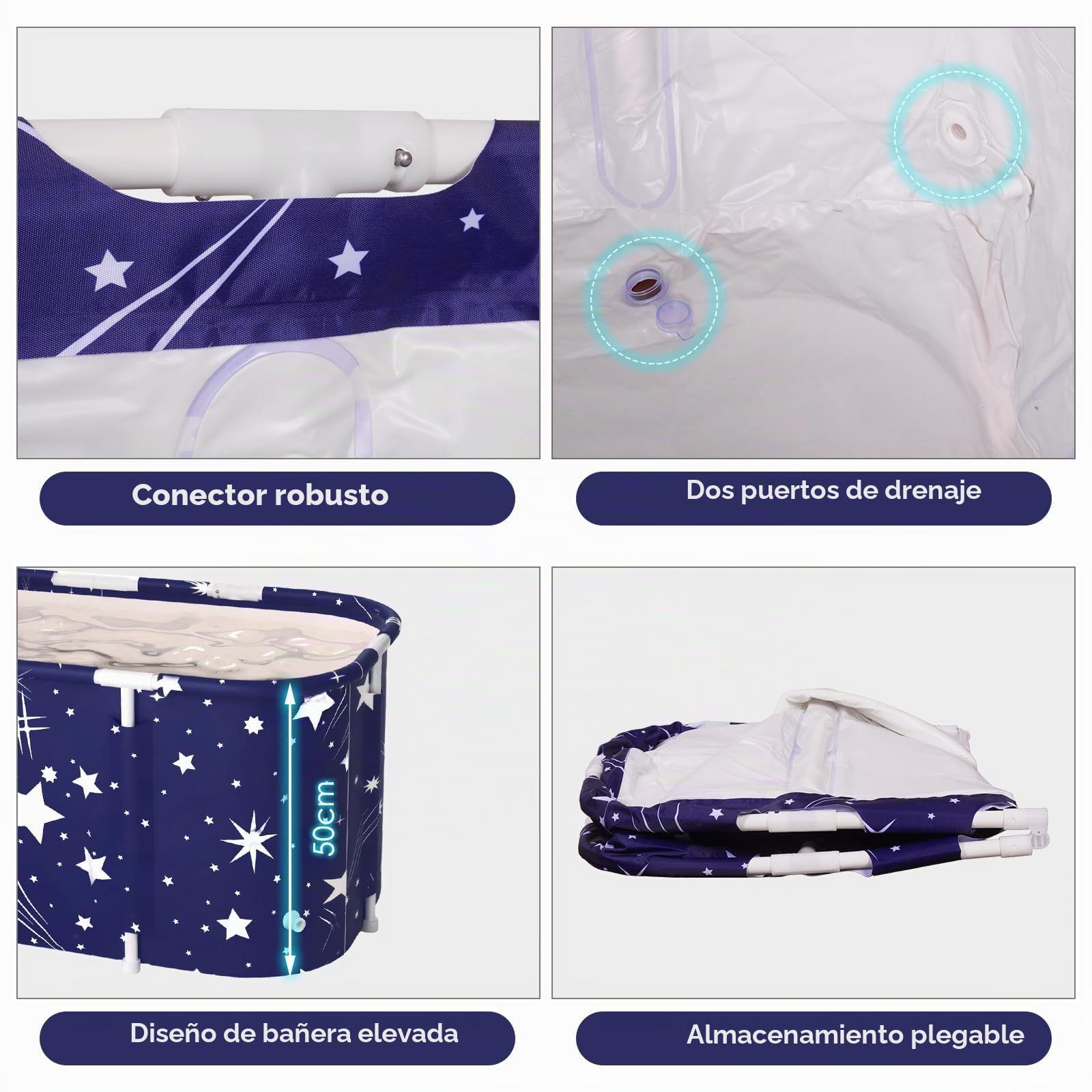 Bañera Plegable Portátil para Adultos SINBIDE - Gran Tamaño 115x60x50 cm con Diseño Spa y Efecto Cielo Estrellado para Baños Relajantes en Hogar