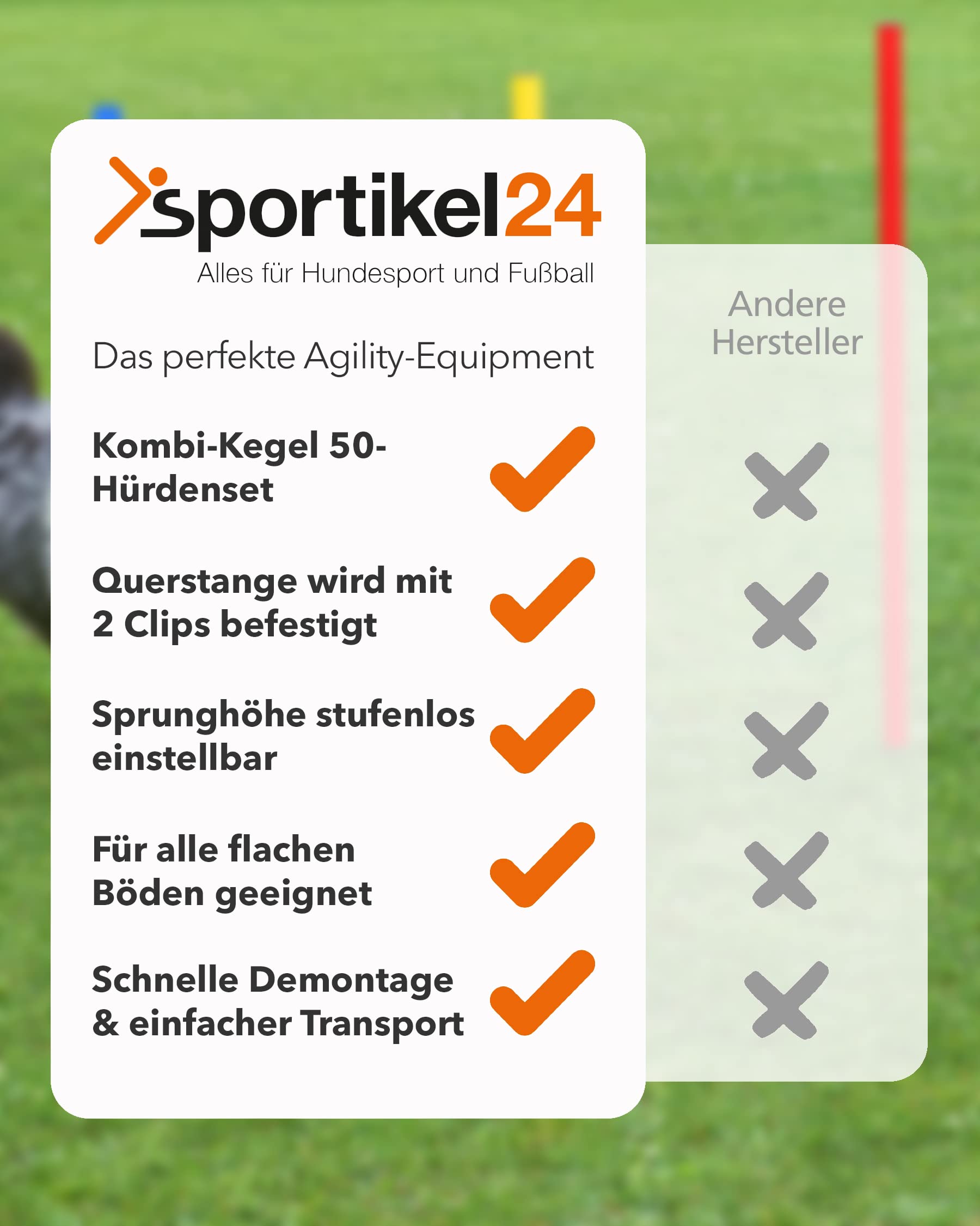 Set di ostacoli con 50 pali – 100 cm – Arancione – Ostacolo da allenamento con altezza regolabile – Ostacolo a innesto per agilità, calcio e sport cinofilo