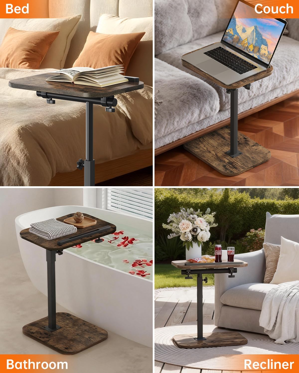 C Shaped End Table with Adjustable Height & 360° Swivel Top, Side Table & TV Tray Table for Living Room, Bedroom, Small Spaces, Brown