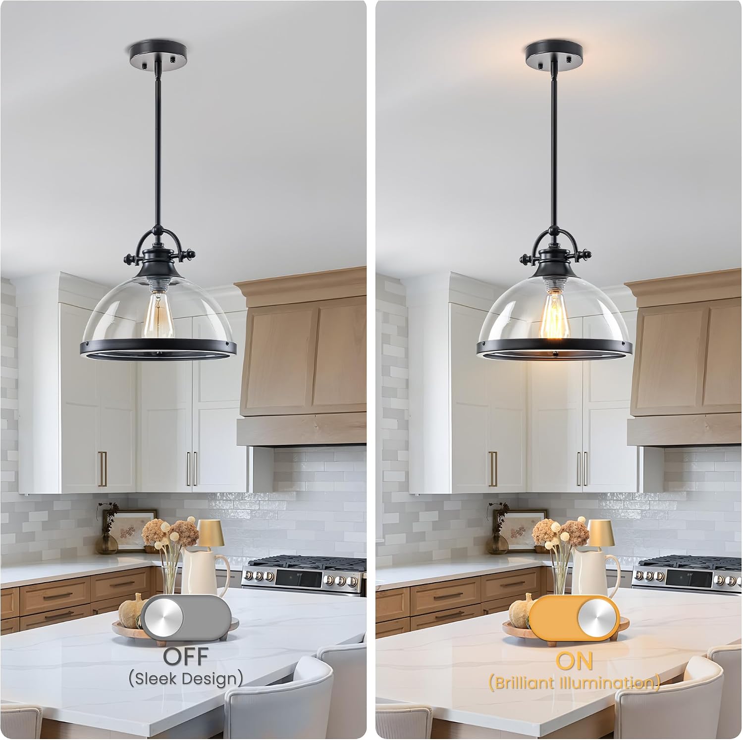 Modern Farmhouse Dome Pendant Light Fixture, Hanging Ceiling Lighting for Kitchen Island, Dining Room, Clear Glass with Black Finish