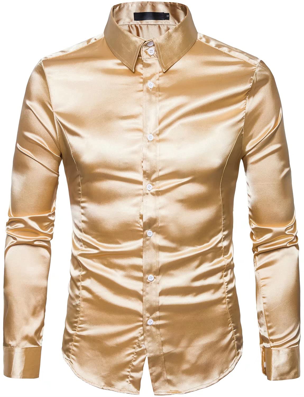 Men's Long Sleeve Slim Fit Silk Like Satin Prom Button Down Shirt