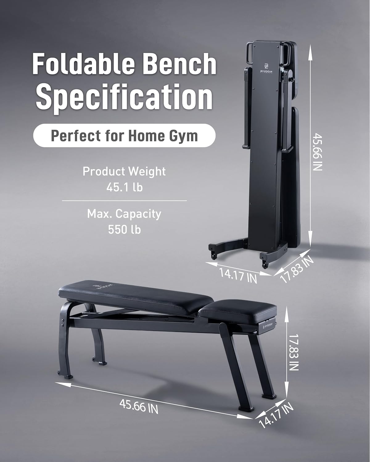 BYZOOM FITNESS Pure Series Foldable Weight Bench for Home Gym – Adjustable Workout Bench with 5 Incline Angles (0°-83°), 550lbs High Capacity, Rapid-Fold Compact Design for Space Saving, White or Black
