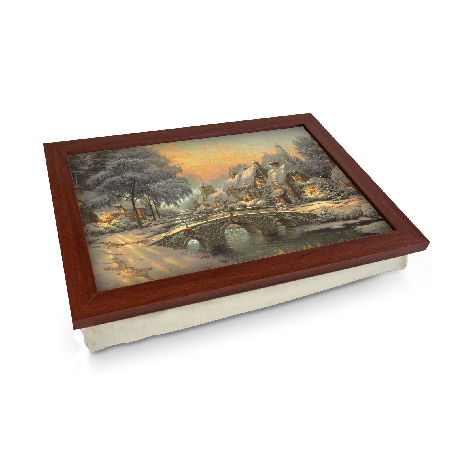 Extra Large Portable Lap Desk Tray (Christmas Painting) Wide Multi Purpose | Handmade Large Wooden Frame, Big Beanbag Cushion Bottom | Computers, Laptops, Meals, Food | 49.8cm | XL22 Brown