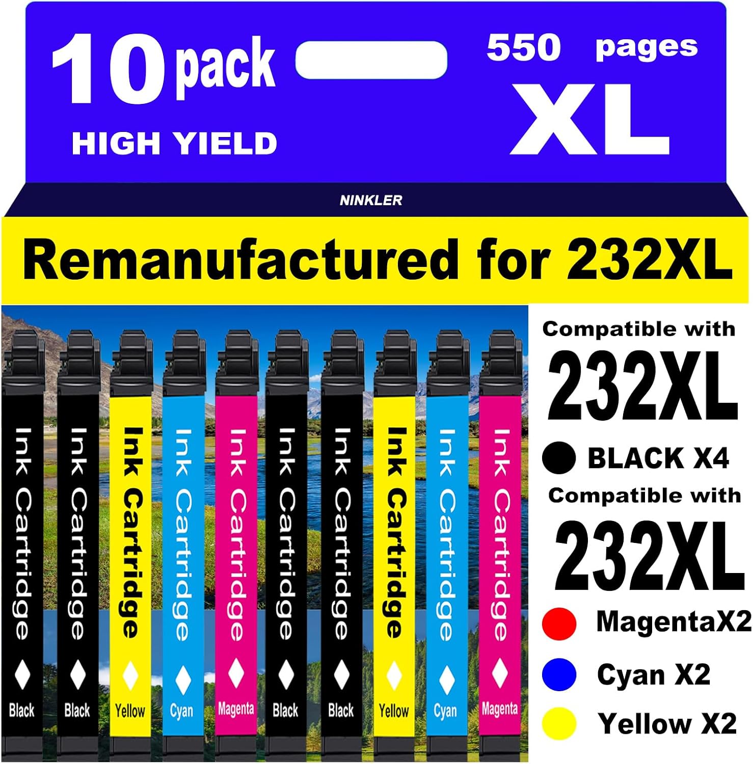 for 232XL Remanufactured for Epson 232XL Ink Cartridges Combo Pack 232 T232XL for XP-4200 XP-4205 Workforce WF-2930 WF-2950 Printer 10 Pack 4 Black 2 Cyan 2 Magenta 2 Yellow