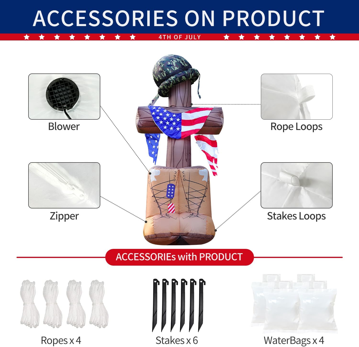 6FT Memorial Day Patriotic Independence Day 4th of July Inflatable Outdoor Decoration, Cross Soldier Helmet with Boots, LED Lights Holiday Blow Up for Fourth of July Party Garden Yard Lawn Decor