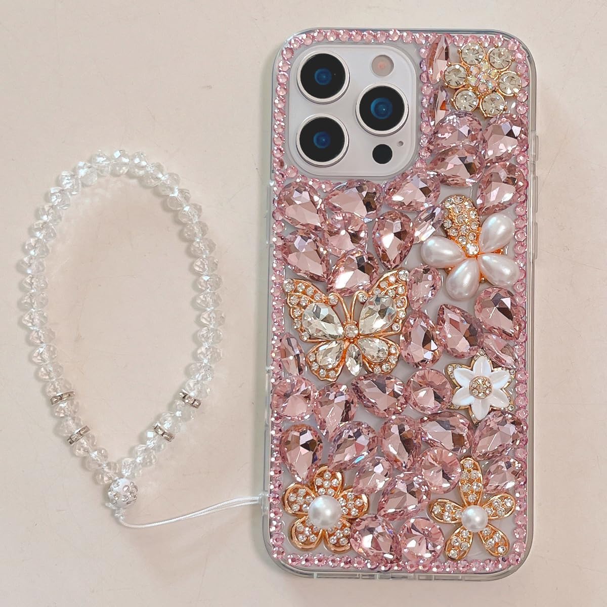 for iPhone 16 Pro Max Case with Wrist Strap Women Luxury 3D Bling Shiny Rhinestone Diamond Crystal Pearl Handmade Flowers Soft Protective Glitter Case for iPhone 16 Pro Max (Pink) image 4