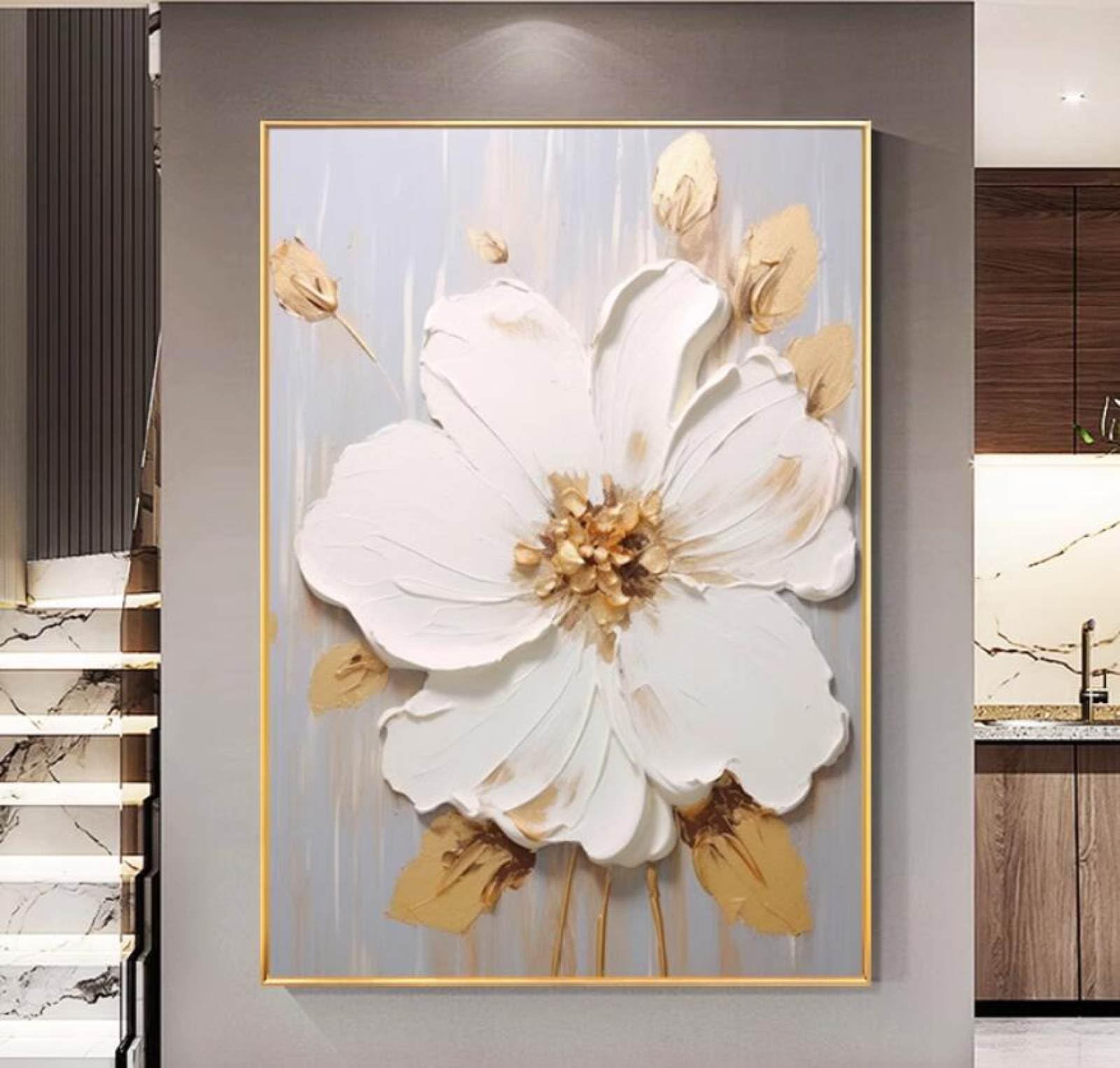 Peinture à l'huile faite main fleurs de pivoine et feuille d'or pour sublimer l'art mural