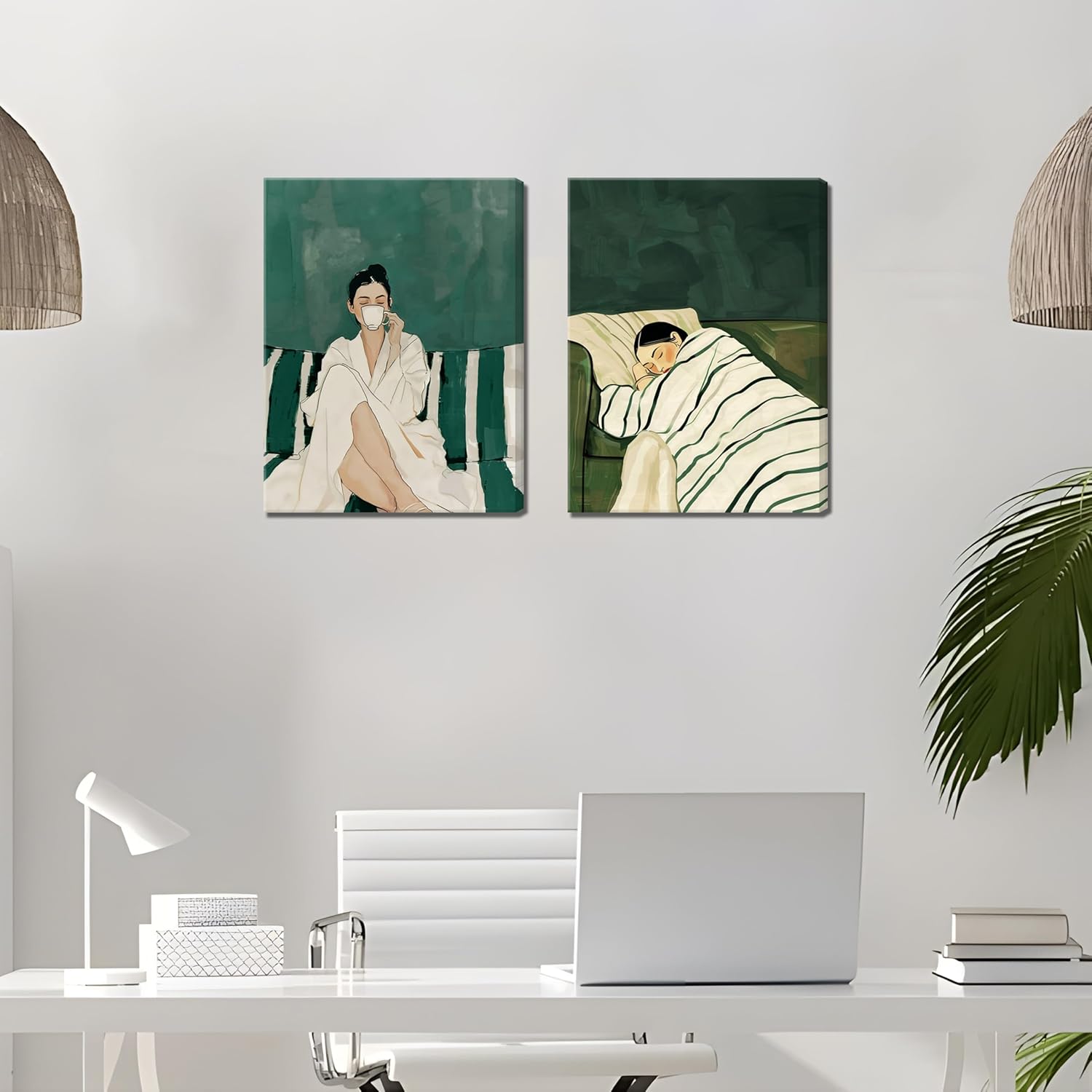 Emerald Green Canvas Wall Art Set of 3, Abstract Green Woman Wall Decor Paintings, Stripe Girl Coffee on Couch Posters Prints Picture for Living Room Bedroom Bathroom 12x16 Inch Framed