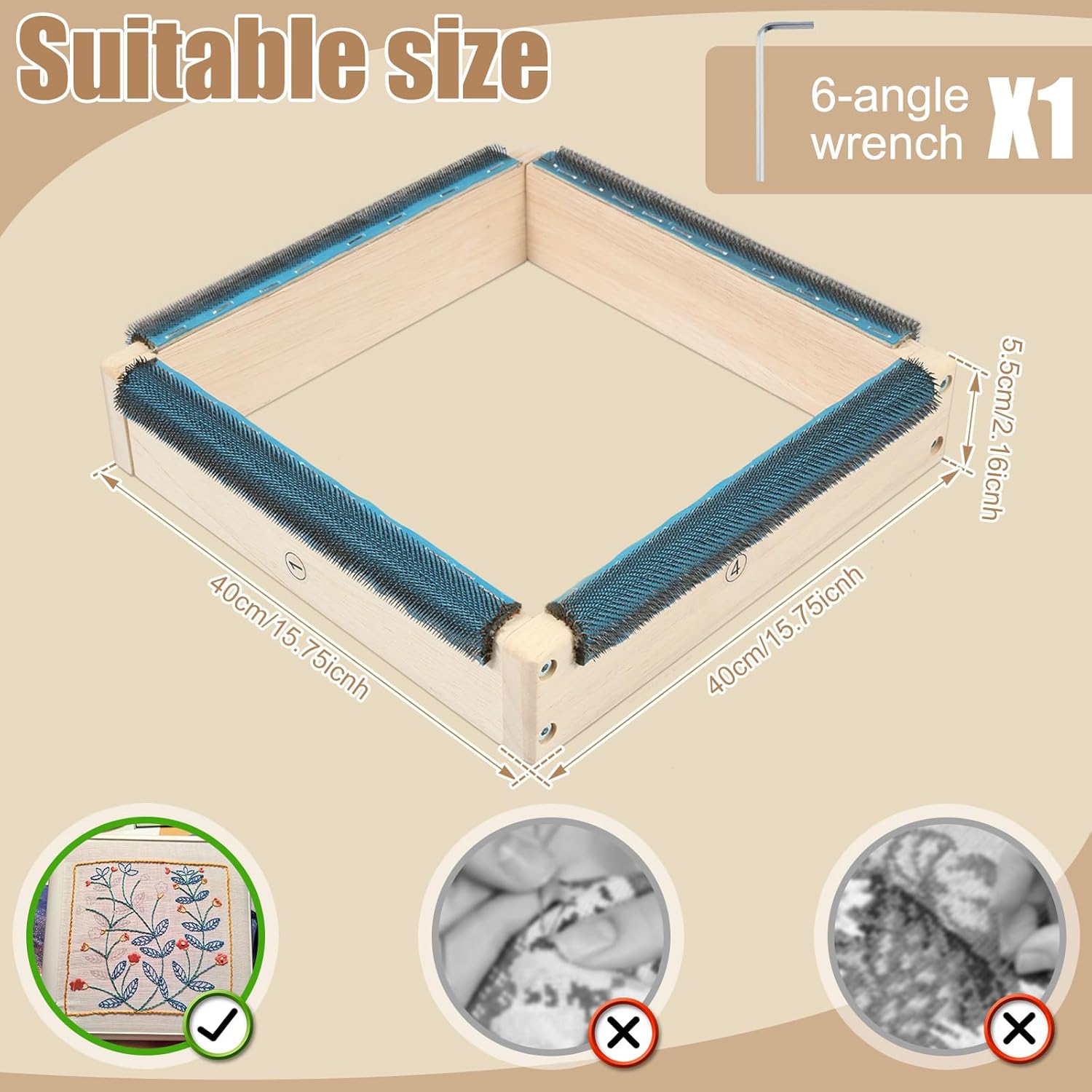Hvxrjkn Gripper Strip Frame, Rug Hooking Frame, Punch Needle Frame with Frame Flannel Cover, Tufting Frame for Rug Punch Needle and Embroidery Craft (15.7 inch), Wooden