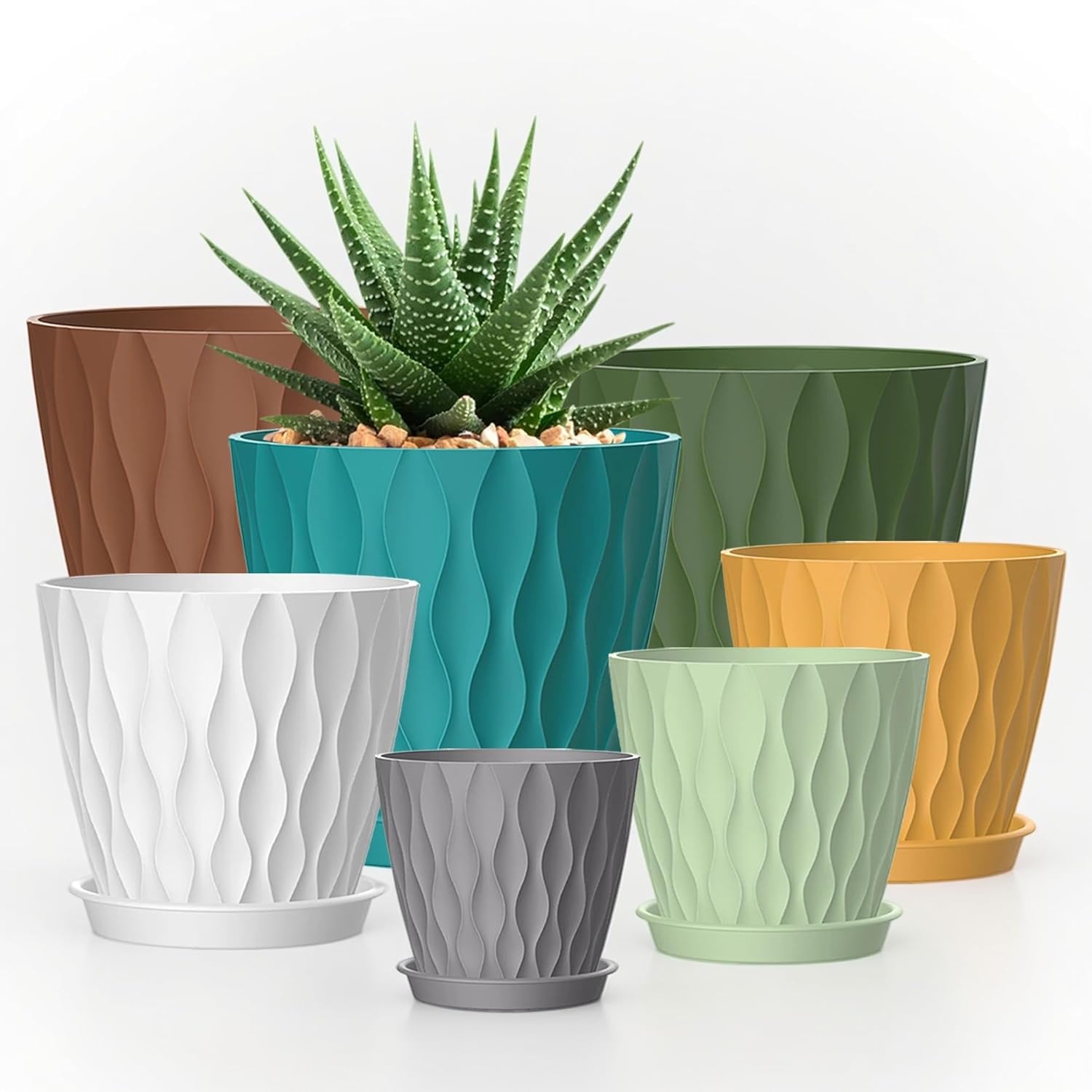 7 Inch Plant Pots 5 Pack, Flower Planters with Drainage Holes and Trays,Plastic Pots for Indoor Outdoor Plants,Green