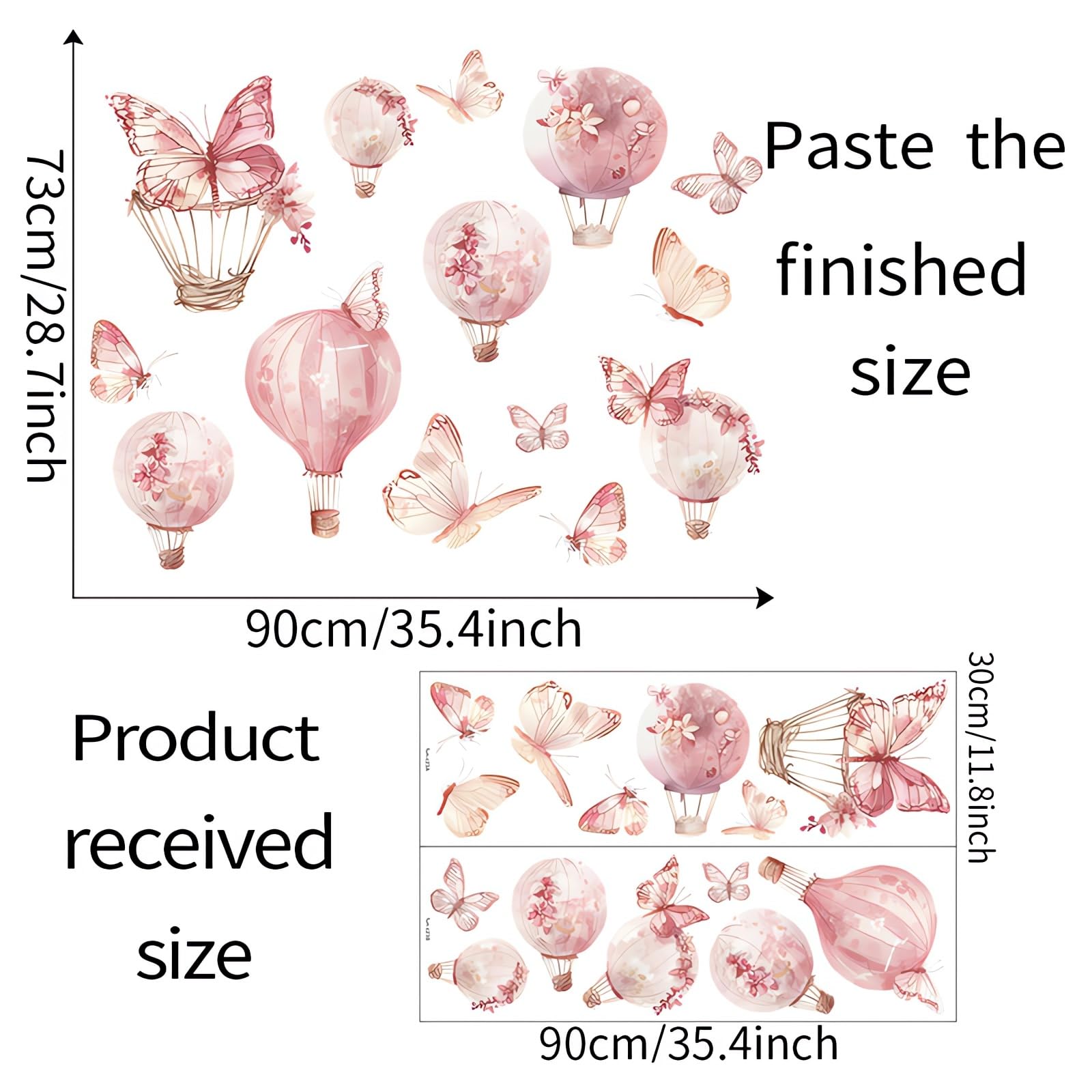 Calcomanías de pared grandes con diseño de mariposa rosa, globos de aire caliente, calcomanías de pared de vinilo extraíbles para niños, bebés, niñas, guardería, dormitorio, habitación de