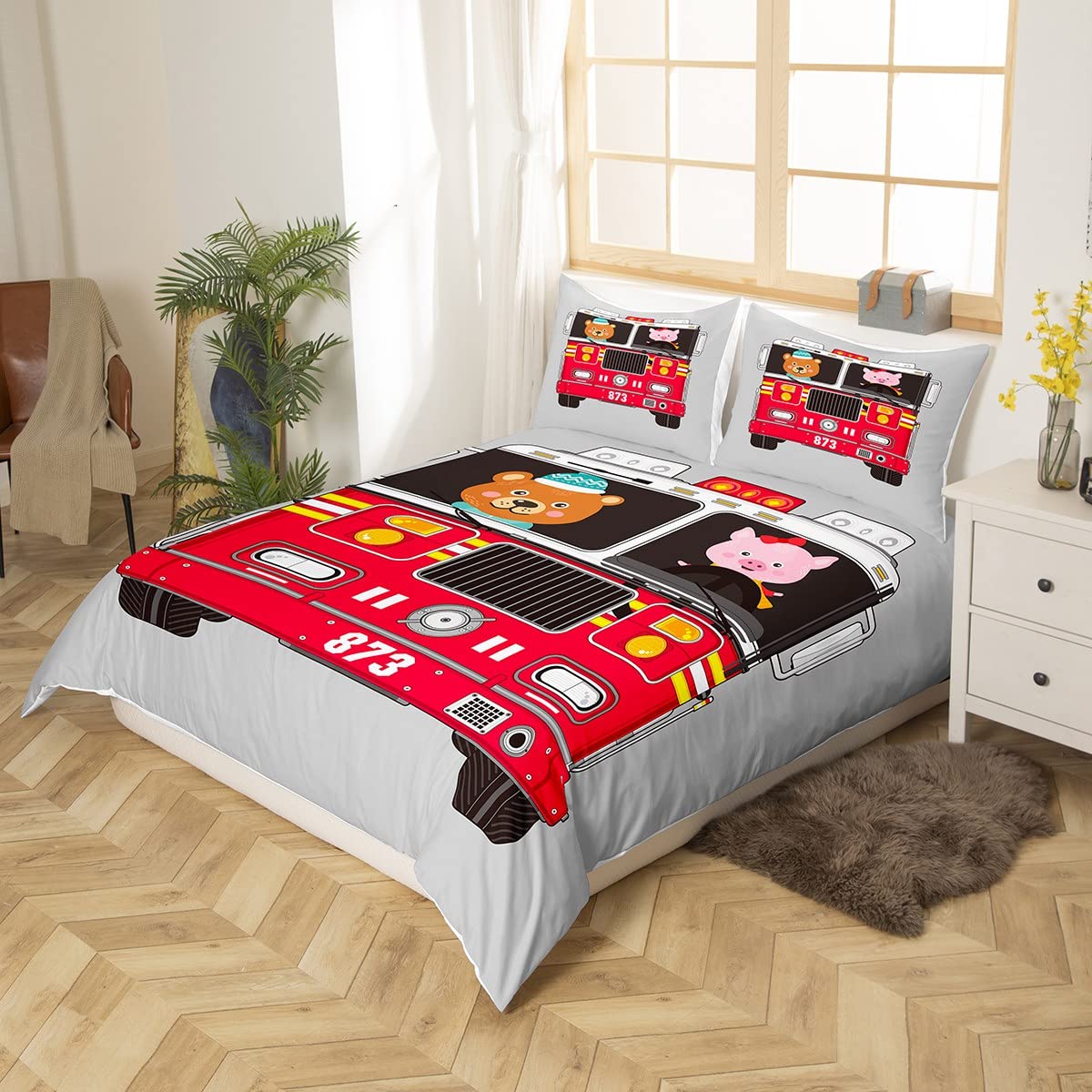 Parure De Lit Camion De Pompiers Hélicoptère Housse De Couette 220x240 Cm En Microfibre 2 Personnes + 2 Taies D'oreiller 65 378 - Maison