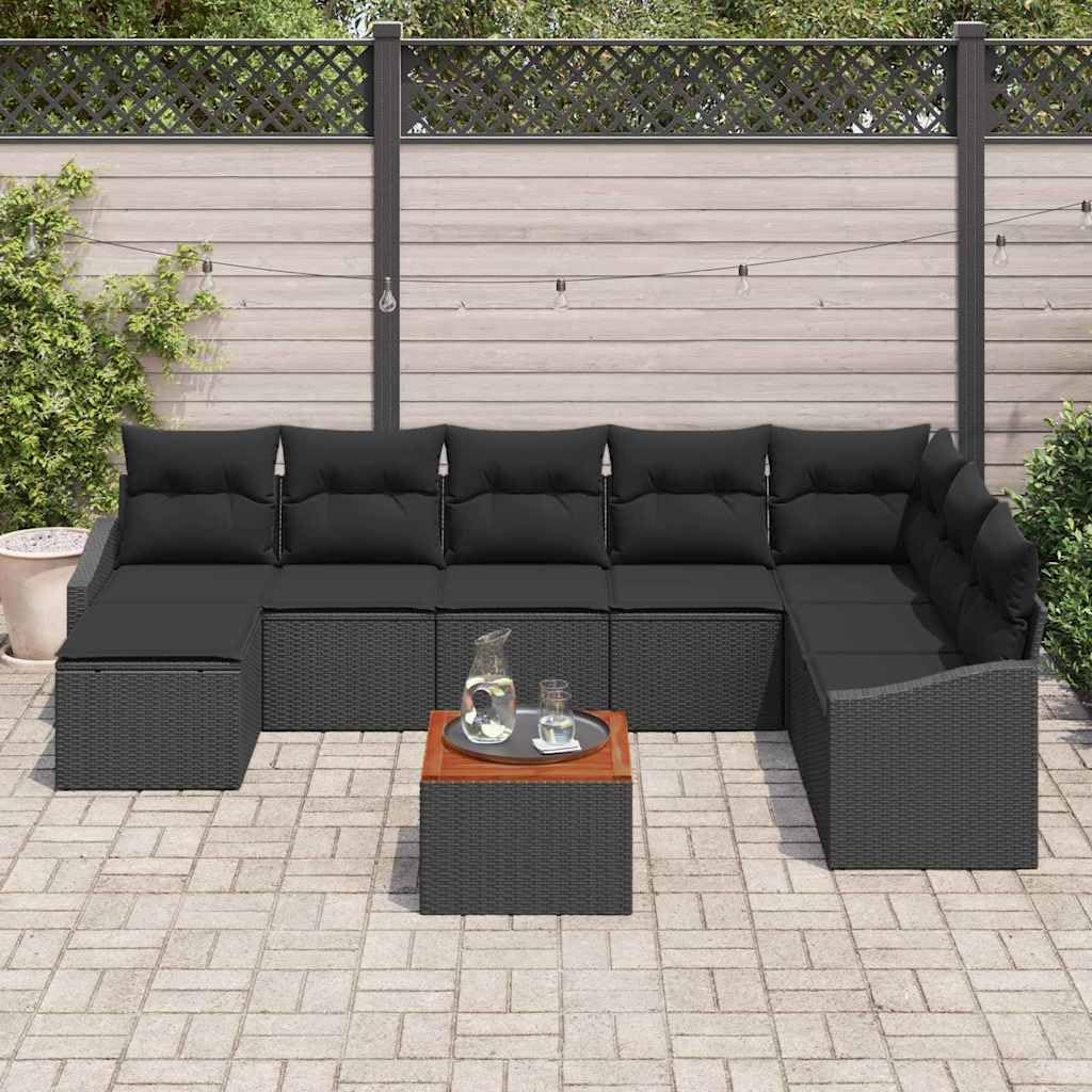 9-częściowy zestaw sof, modułowa sofa ogrodowa z miejscem do przechowywania, odporny na warunki atmosferyczne polirattanowy i drewno akacjowe, na taras, dla 8 osób, meble do jadalni