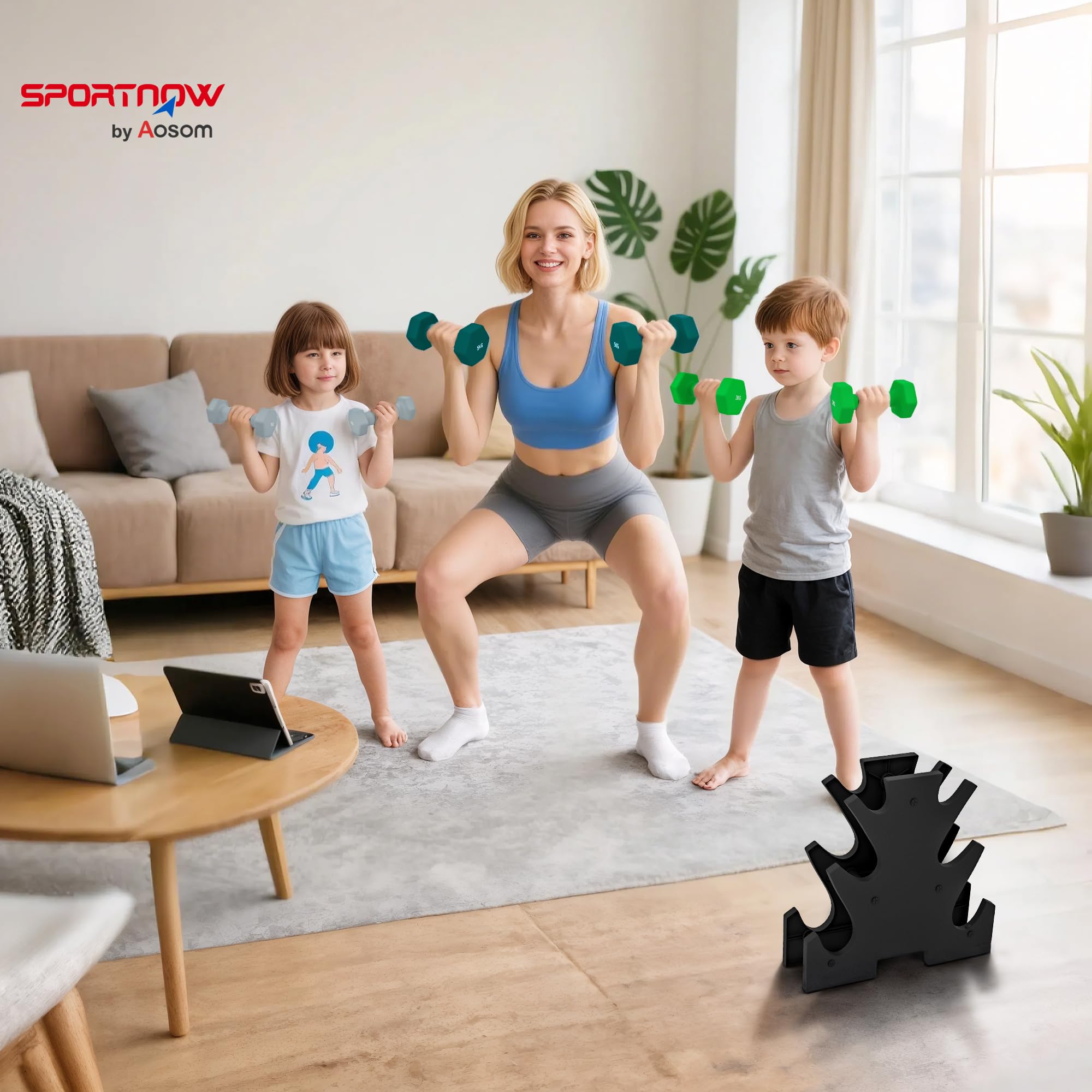 SPORTNOW Set di Manubri da Palestra con Supporto, 2x1 kg, 2x2/5 kg, 2x3 kg, Manubri per Palestra Esagonali in Metallo con Impugnatura, Allenamento Fitness Casa