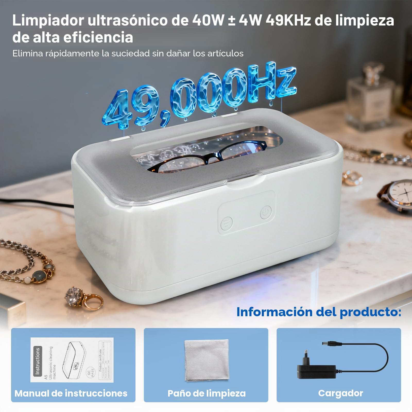 Limpiador Ultrasónico de 800ml 49KHz – Limpieza Eficaz y Silenciosa 360° para Dentaduras, Retenedores, Alineadores y Artículos del Hogar como Gafas, Joyas y Relojes