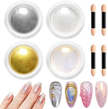 Chrome Nail Powder - Pearl Chrome Nail Powder Metallic Mirror Effect Aurora White Yellow Silver Gold Glitter Powder Mermaid Iridescent Pigment Dust for Nail Art DIY