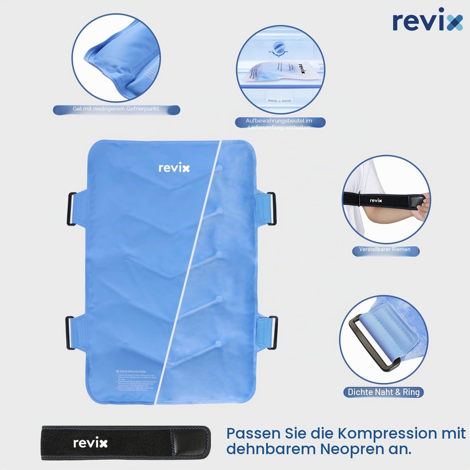 REVIX Großes Kühlpad für Rücken und Schultern (33 x 54 cm) – Wiederverwendbare Gel-Kältekompresse mit weicher Plüschabdeckung und 2 Gurten, XXL