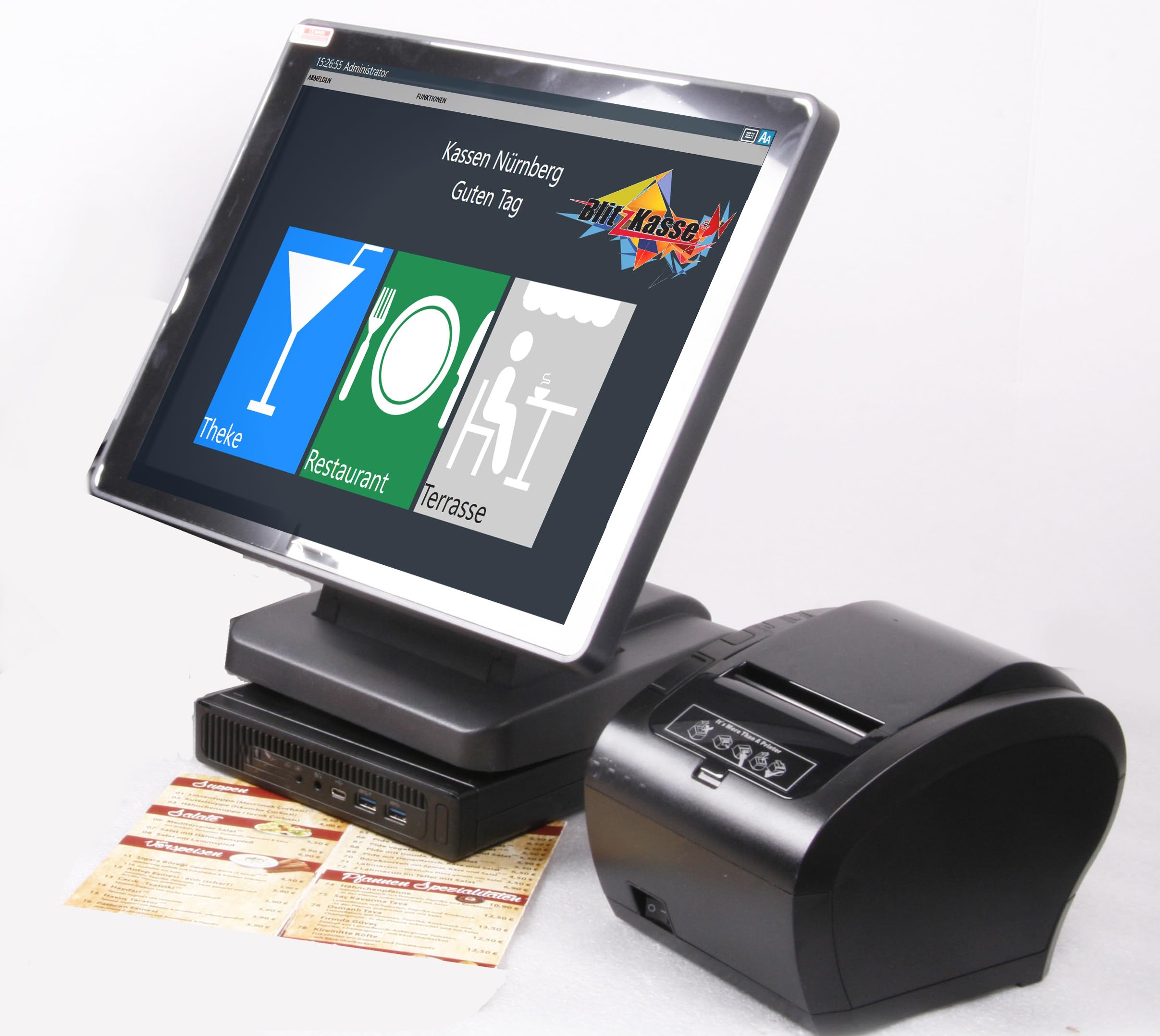 15" Gastronomie Kassensystem für Restaurant & Café – Touchscreen Kasse mit Bondrucker & BlitzKasse Restaurant Software, TSE-konform, ohne Abo, für Pizzeria & Brauerei