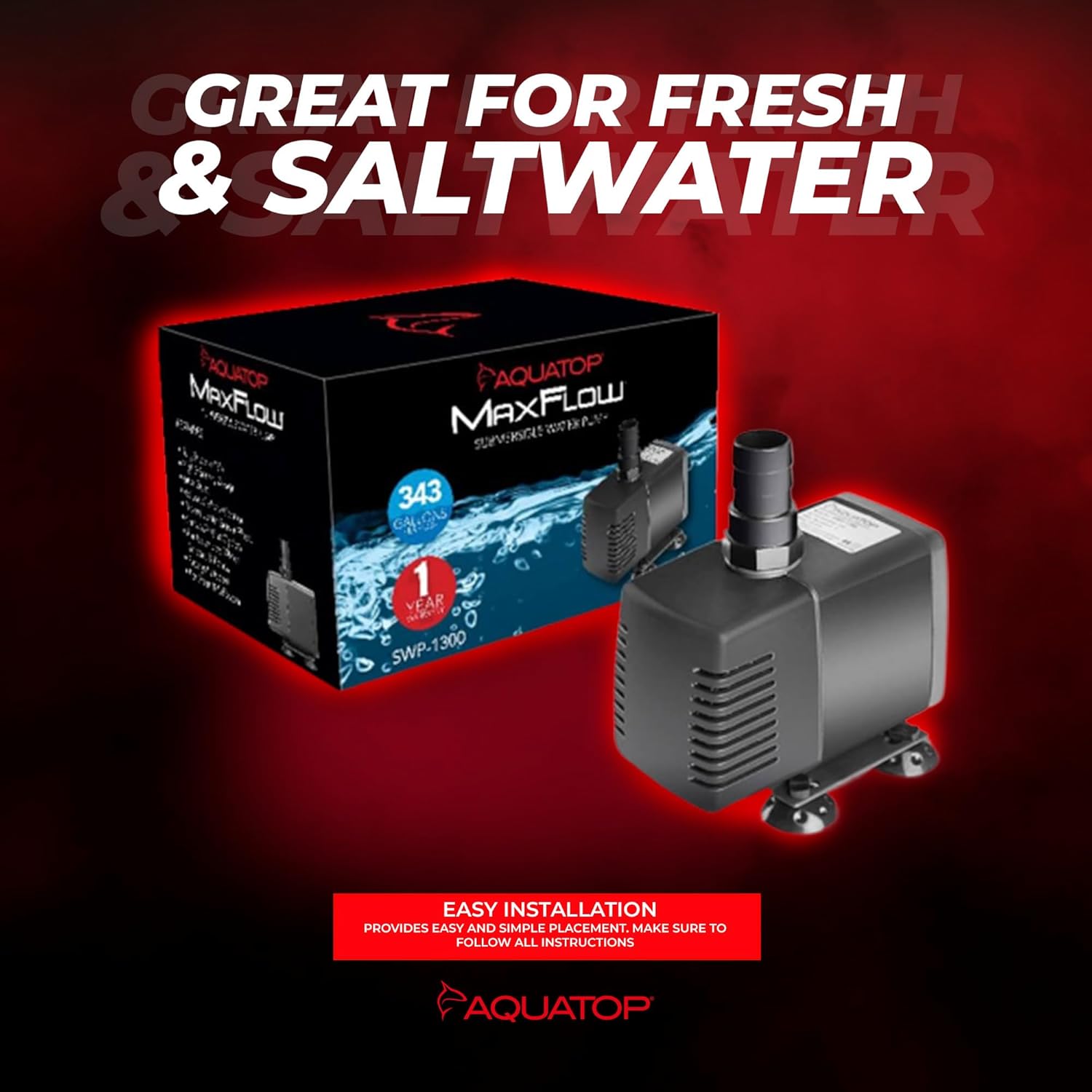 Aquatop MaxFlow Submersible Pump 343 GPH – Adjustable Flow for Aquariums, Sumps, Statuary – Efficient Water Circulation, SWP-1300 – Easy to Install