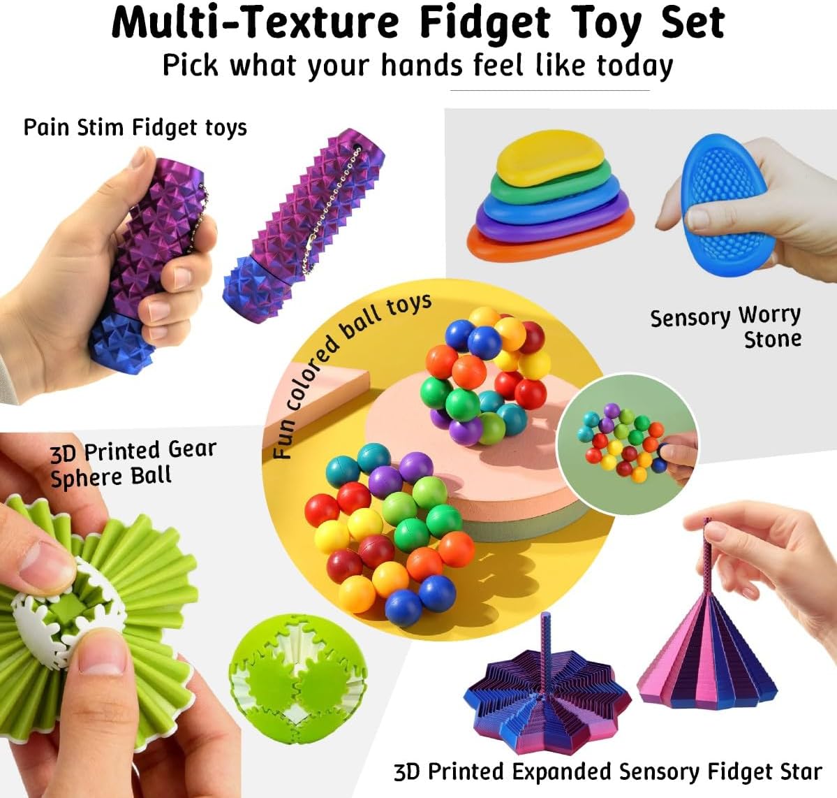 5 Styles Portable 3D Printed Toys, Adult Stimulation Tools for Relieving Anxiety and Stress, Gear Ball Decompression, and 3D Printed Extended Sensory Fidget Star, Fractal Fidget Hexagon with Handle.
