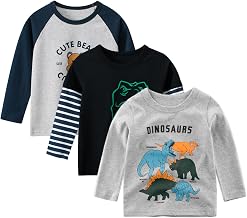 amropi Boys 3 Pack Dinosaur Print Long Sleeve Casual Cotton T-Shirt for 1-8 Years
