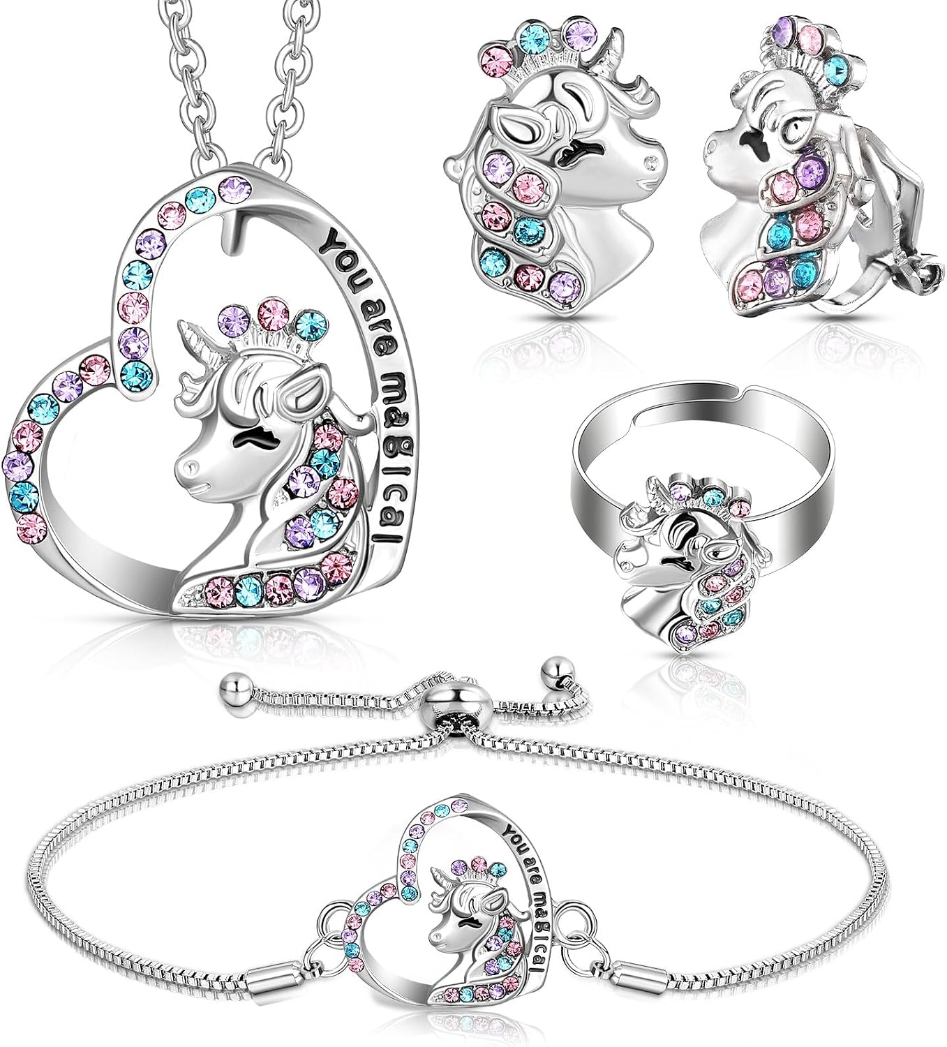 4 Pcs Girl Unicorn Axolotl Jewelry Set Necklace Bracelet Ring Clip on Earrings Crystal Pendant Gifts for Toddler