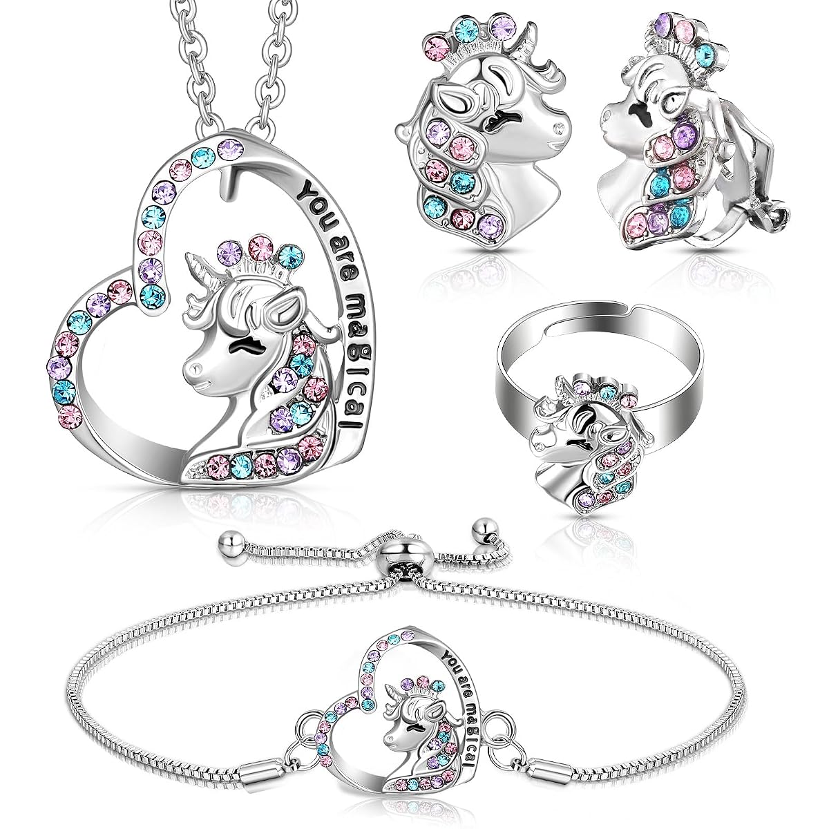 Herdear 4 Pcs Girl Unicorn Axolotl Jewelry Set Necklace Bracelet Ring Stud