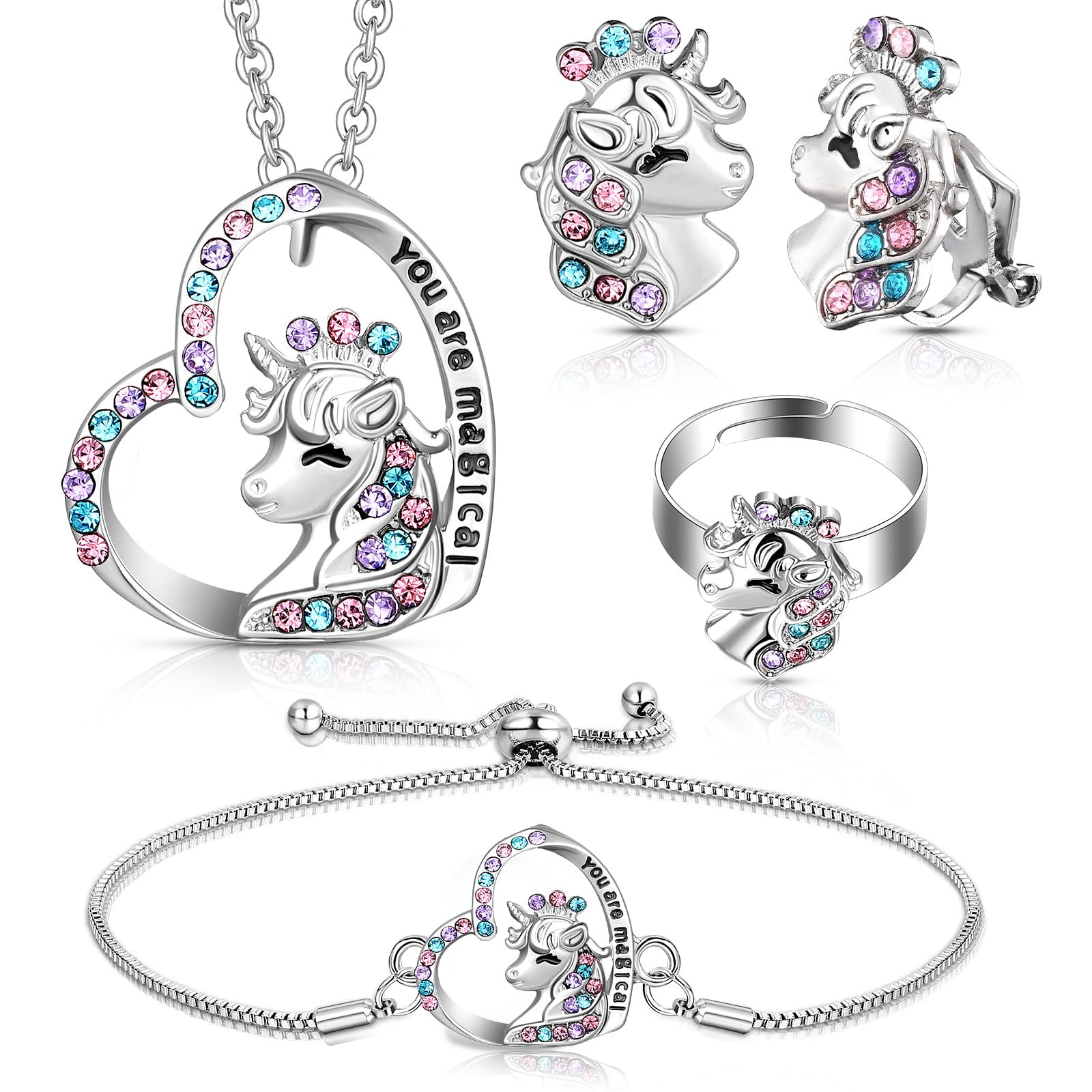 Herdear 4 Pcs Girl Unicorn Axolotl Jewelry Set Necklace Bracelet Ring Stud Earrings Crystal Pendant Jewelry Gifts for Toddler, pendants