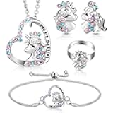 Herdear 4 Pcs Girl Unicorn Axolotl Jewelry Set Bracelet Ring Earring Crystal Heart Pendant Jewelry for Valentines Gifts Kids