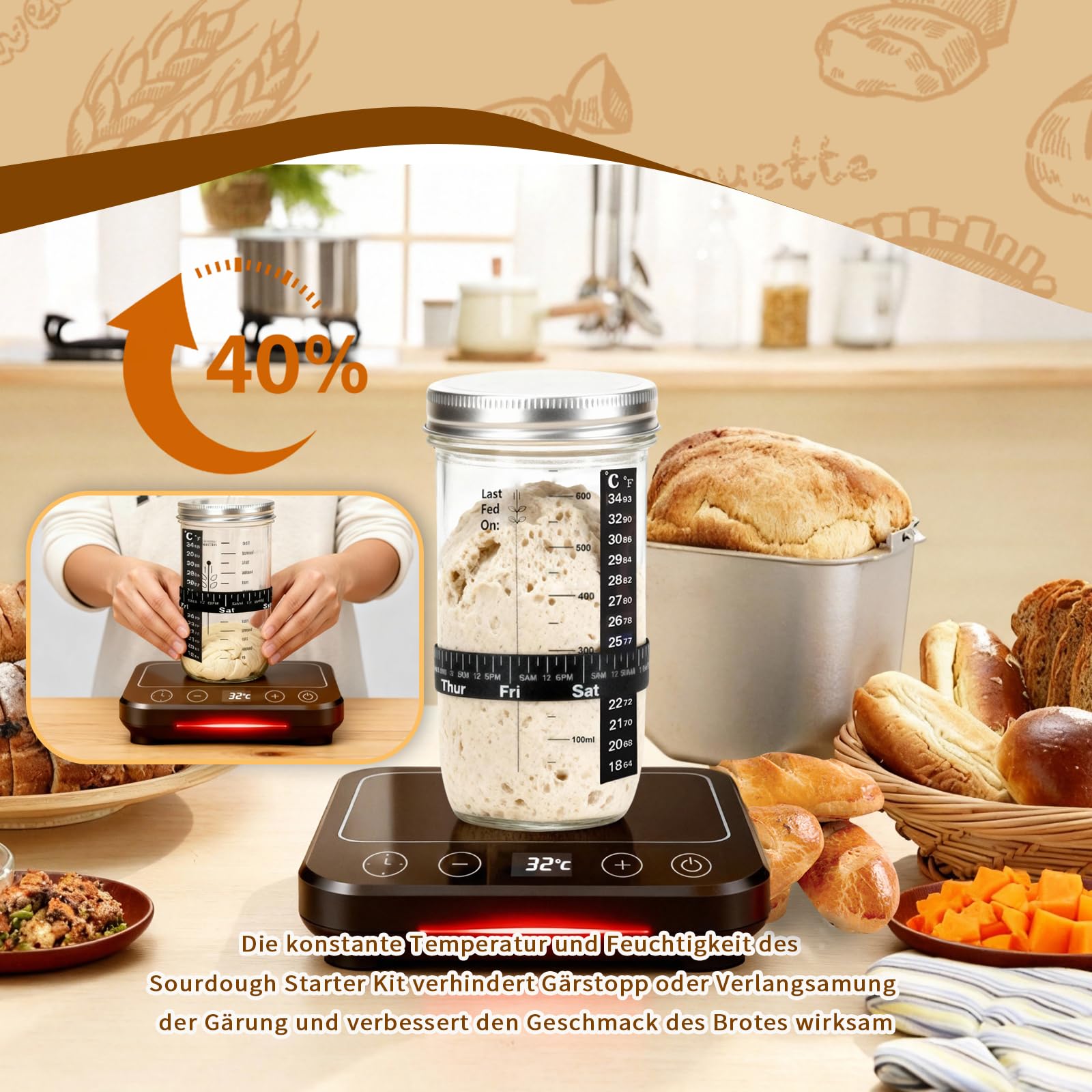 Daity Sauerteig Starter Set, 13-teilig Brot Backen Zubehör,Sauerteig Wärme, 28cm Klappbare Brot Gärkorb Oval und 25cm Klappbare Brot Gärkorb rund,für Anfänger und Professionelle Bäcke