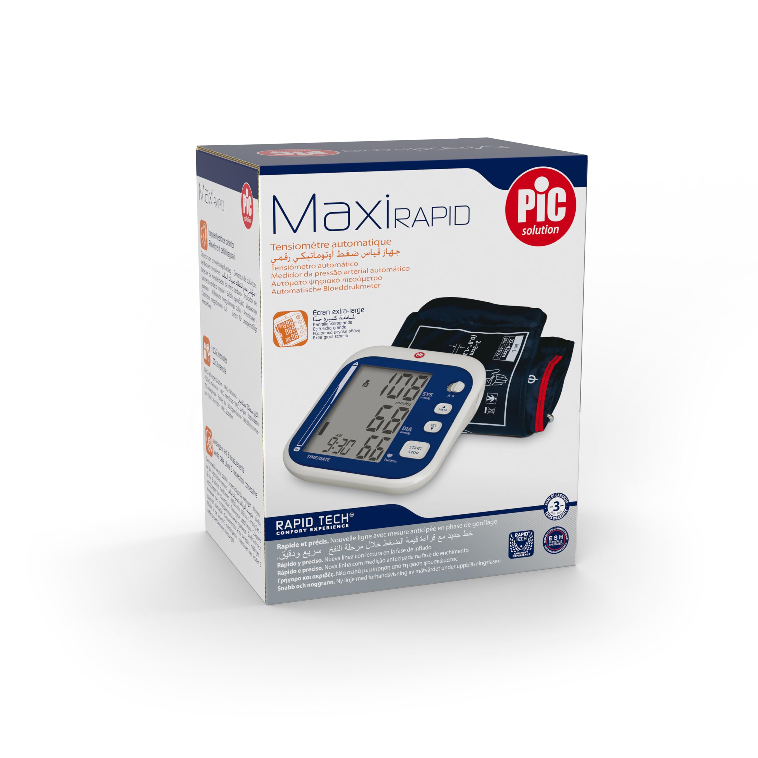 Pic Solution - maxiRAPID Tensiómetro Digital de Brazo - Dispositivo para medir la presión arterial y el Monitoreo Doméstico de la Hipertensión con pantalla Extra-Grande