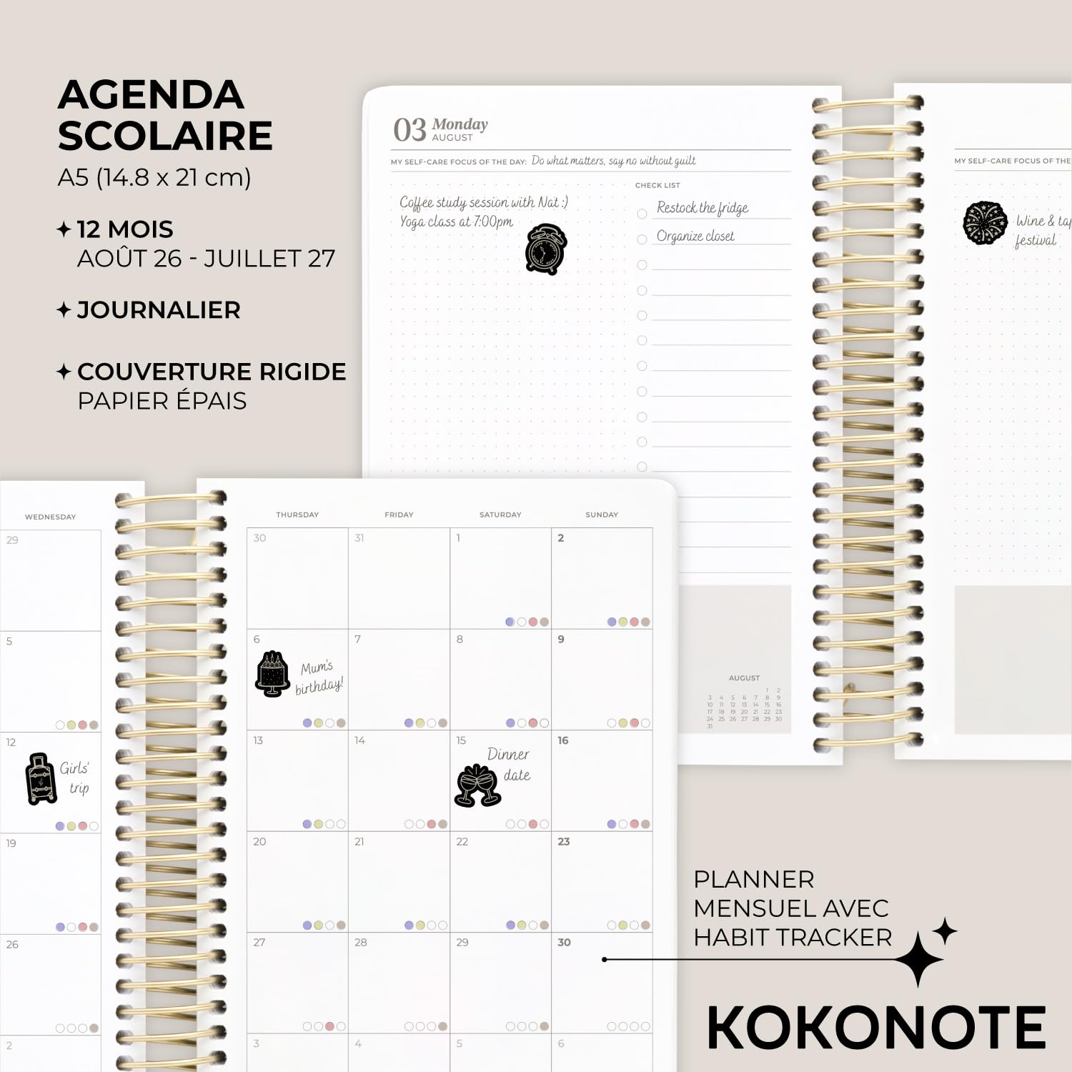 Kokonote - Agenda Scolaire 2026 2027 Journalier Rose | Planner avec Spirale, Agenda 2026 2027 Étudiant ou Professionnel, Fourniture Scolaire Université