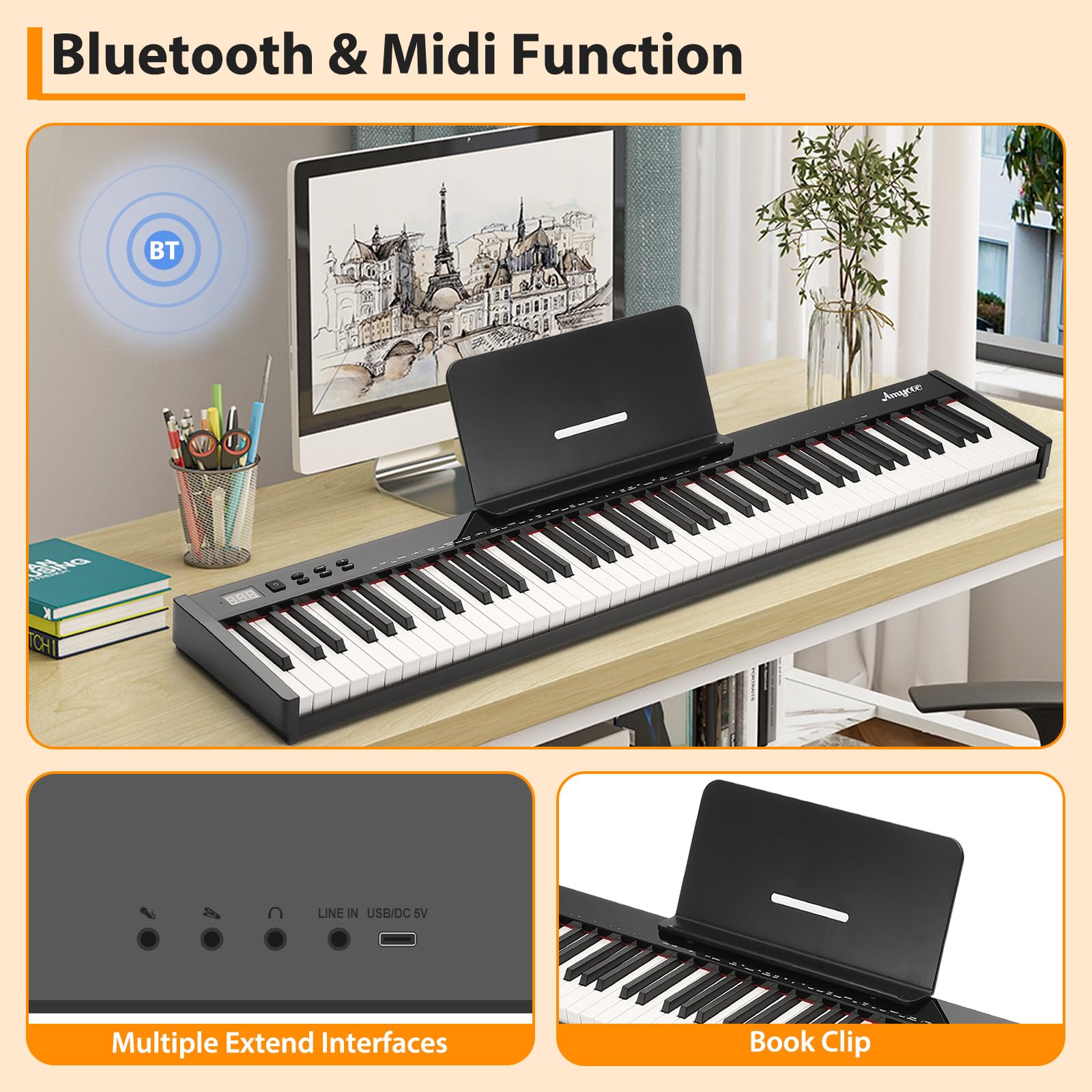 88 Key Portable Electric Semi-Weighted Keyboard Piano for Beginners and Professionals with Power Supply, Pedal, and Built-In Speakers,No Stand Included