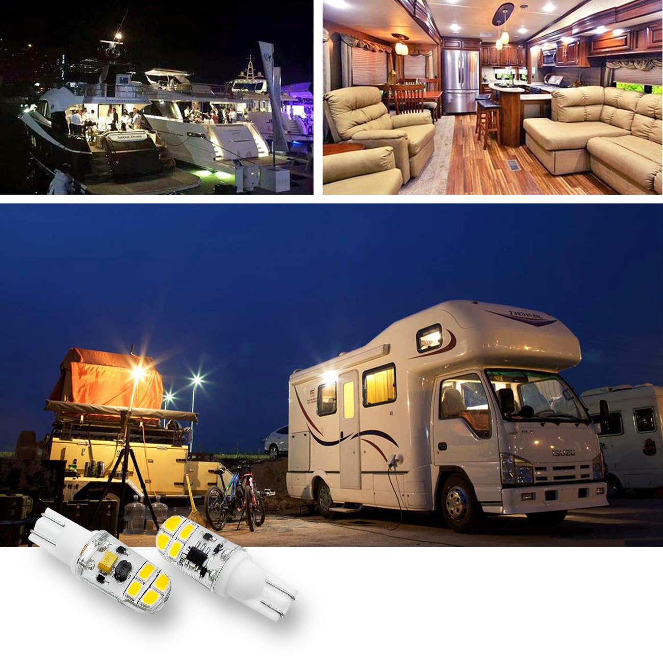 KAKEMONO Ampoule LED T5 T10 2 W pour éclairage paysager 12 V 24 V 921 922 912 194 168 T10 Wedge RV Camper Remorque Marine Bateau Dome Light 2700 K Blanc