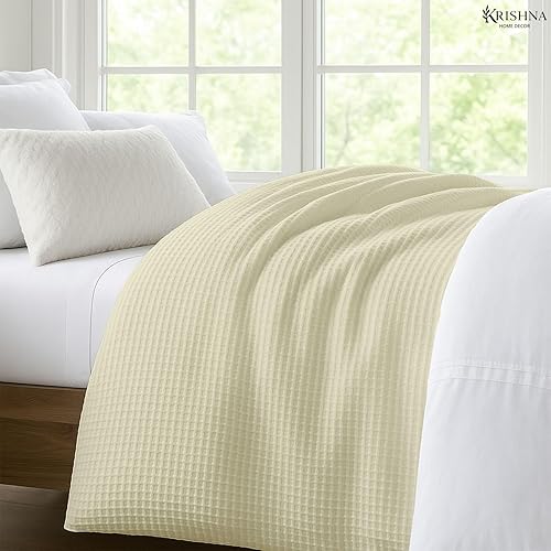 Miniatura 5 de KRISHNA Manta de cama con tejido de gofre para todas las estaciones, 100% algodón Tencel, suave y transpirable, perfecta para capas, tamaño Queen de