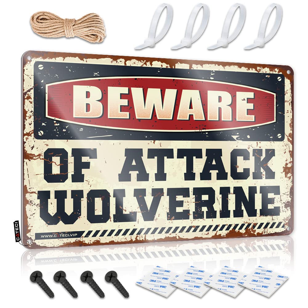 Ibwnbbusn Men's One Color Tin Signs Warning Beware Of Attack Wolverine Tin Sign Backyard Bar Sign Funny Wall Decor Signs(30X40cm)
