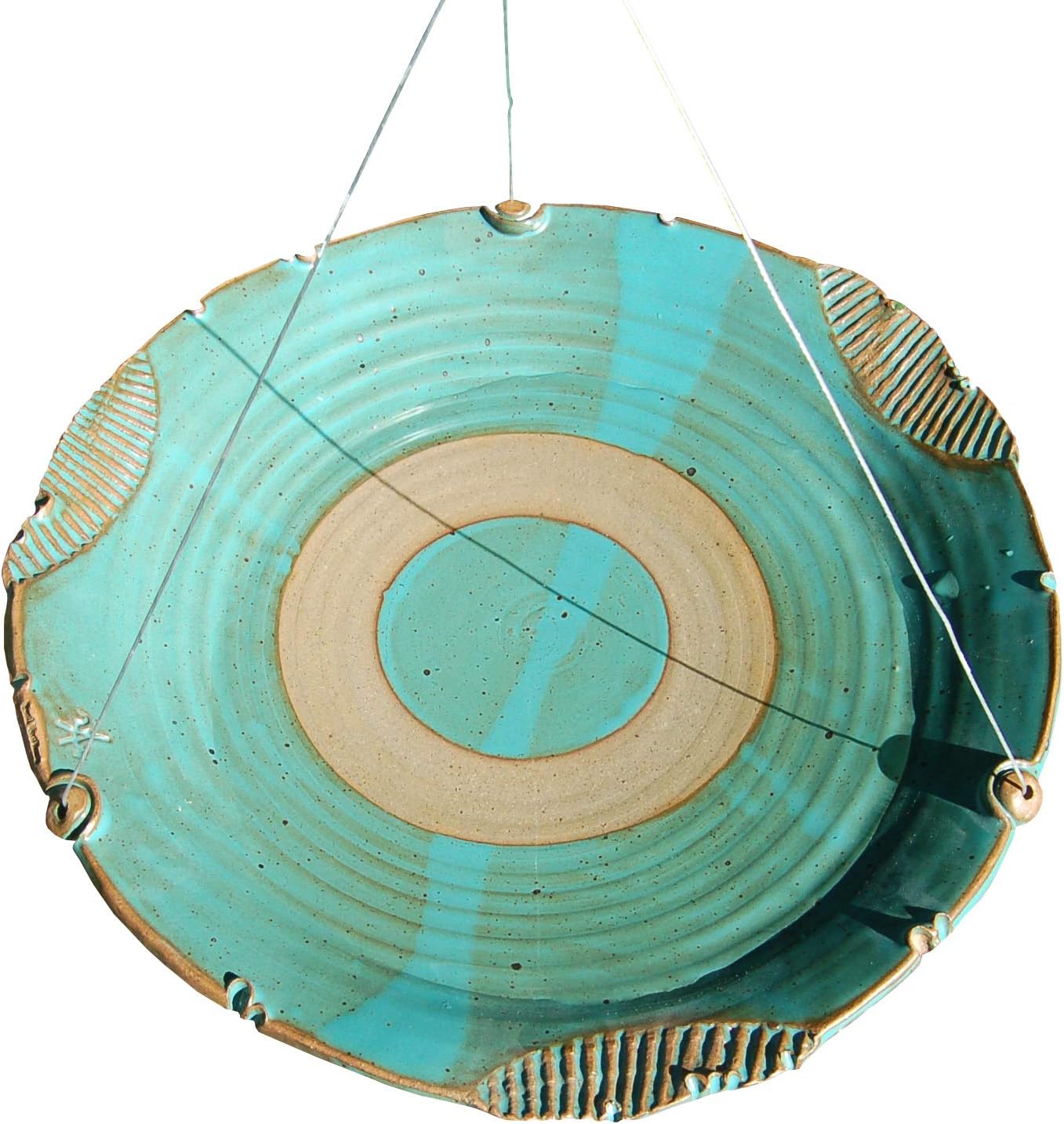 BestNest Anthony Stoneware Large Hanging Ceramic Bird Bath, Teal – Handcrafted Pottery with Unglazed Grip Rim & Steel Hanging Cables – Outdoor Garden Birdbath for Preening and Drinking