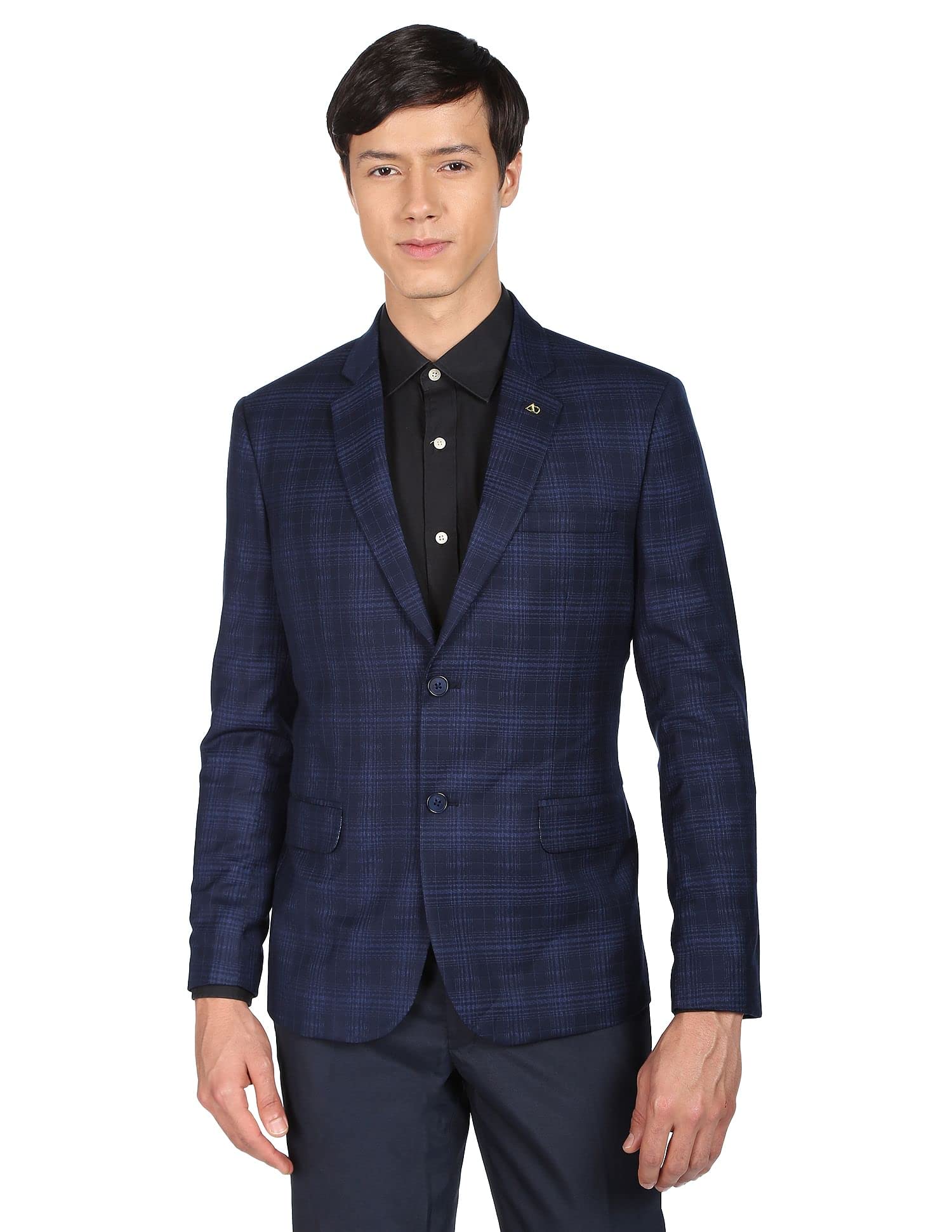 Men Navy Patterned Weave Tartan Check Formal Blazer(Navy 40)-image-21