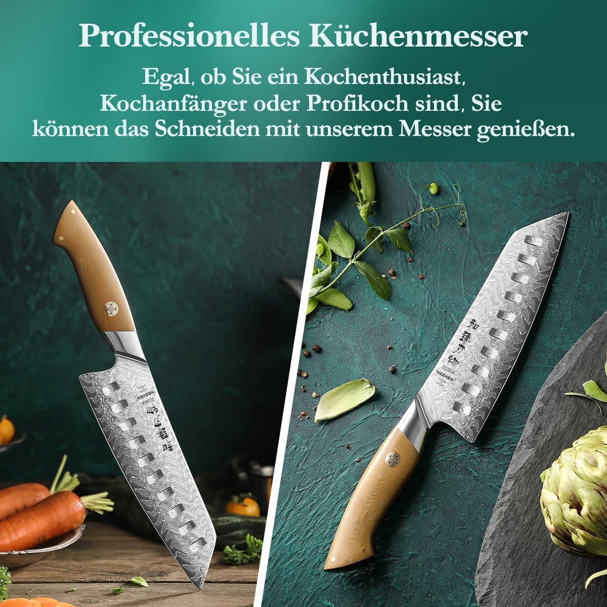 HEZHEN Santokumesser Damast,Japanischer Stil Kochmesser,Ultra-Scharfes Allzweck-Gyutomesser, Komfortabler Full Tang Griff