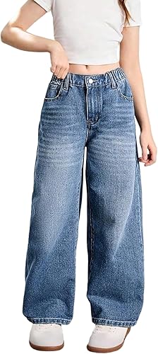Verdusa Girl's Vintage Wide Leg Baggy Jeans Loose Denim Pants with Pockets Teal 