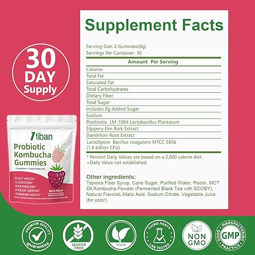 Miniatura 2 de Gomitas probióticas de kombucha prebióticos, probióticos, postbióticos, suplemento de fibra, olmo resbaladizo para hinchazón, salud intestinal,