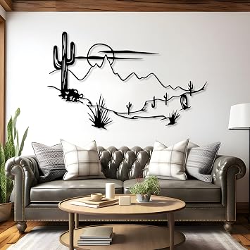 Cadeali Desert Landscape Metal Wall Art, Metal Cactus Wall Decor, Boho Desert Wall Decor, Sunset Wall Art, Southwestern Sign for Home, Living Room, Bedroom Black, 41L x 25W