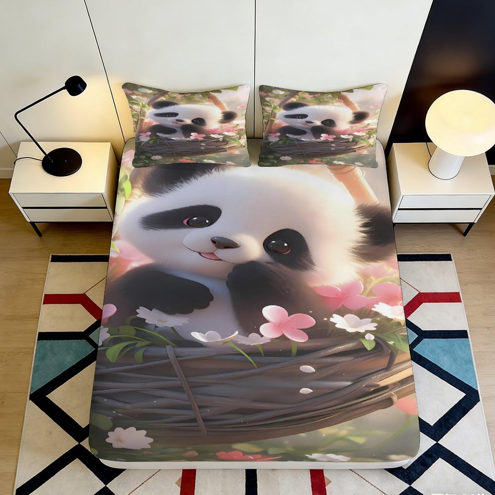 3D Printed Cute Panda Fitted Sheet Microfiber Soft Breathable Floral Bed Cover for Bedroom Dormitory Guest Room Mattress Protection Decor 200x200x25cm