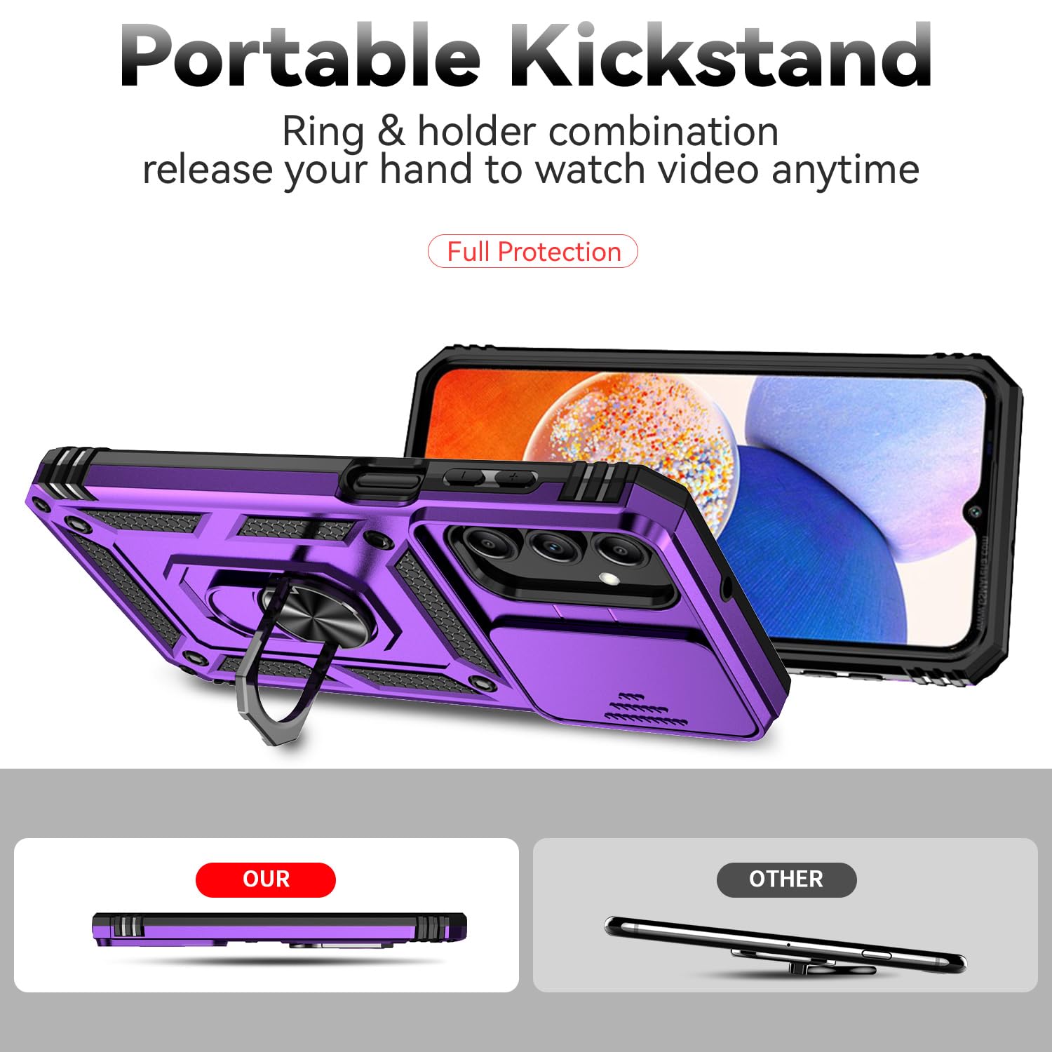 Amazon.com: for Galaxy A15 5G Case,with Screen Protectors and Camera Cover,[Military  Grade] 16ft.Drop Tested Cover with Magnetic Kickstand Protective Case for Samsung  A15 5G, Purple : Cell Phones & Accessories