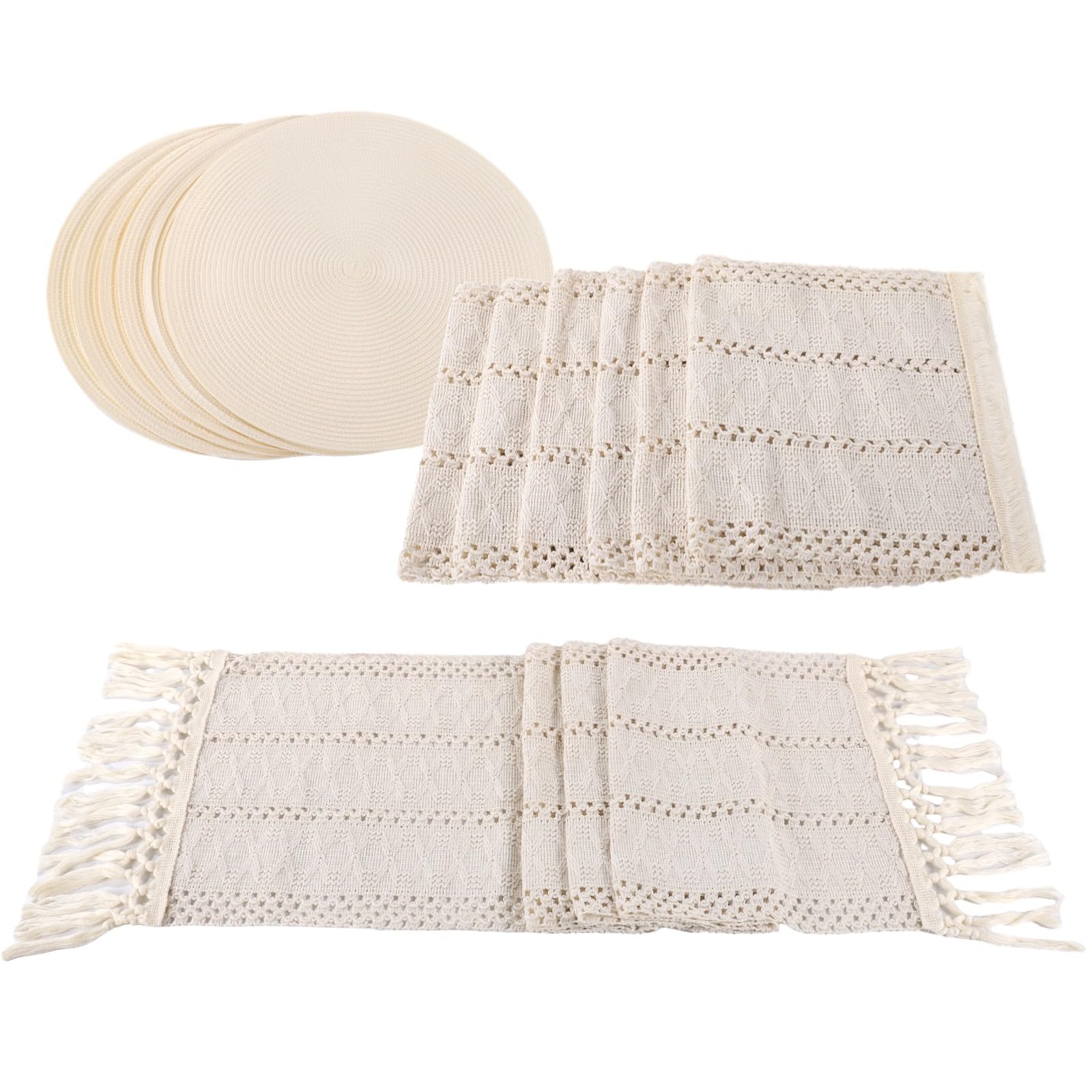 Lot de 6 sets de table ronds tissés - 6 sets de table ronds tissés - 6 sets de table en coton et lin - 1 chemin de table en macramé avec pampille - Résistants à la chaleur et antidérapants - Style