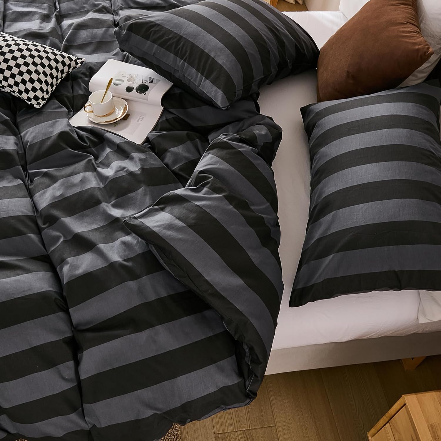 Merryword Black and Gray Striped Comforter Set Queen, 100% Cotton Reversible Comforter Set 3 Pcs, Luxury Linen Like Bedding, Soft Breathable Lightweight Comforter for All Seasons