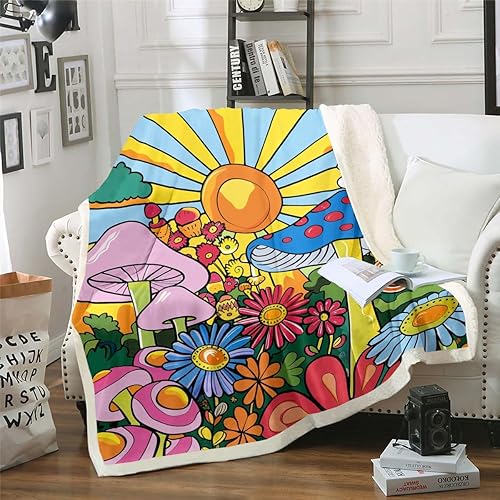 Manta de vellón Kawaii Mushroom Boho Hippie Groovy Floral Sherpa Queen 60s 70s Retro Vintage Theme Throw Chic Daisy Flower Plush Geometric