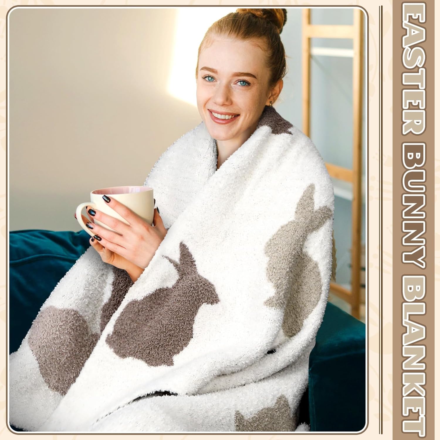 Oudain Easter Bunny Throw Blanket 50 x 60'' Soft Bunny Throw Blankets for Women Couch Bed Sofa Cozy Knitted Rabbit Blanket for Couch, Travel, Bed, Women Mothers Birthday Gifts for Office Home