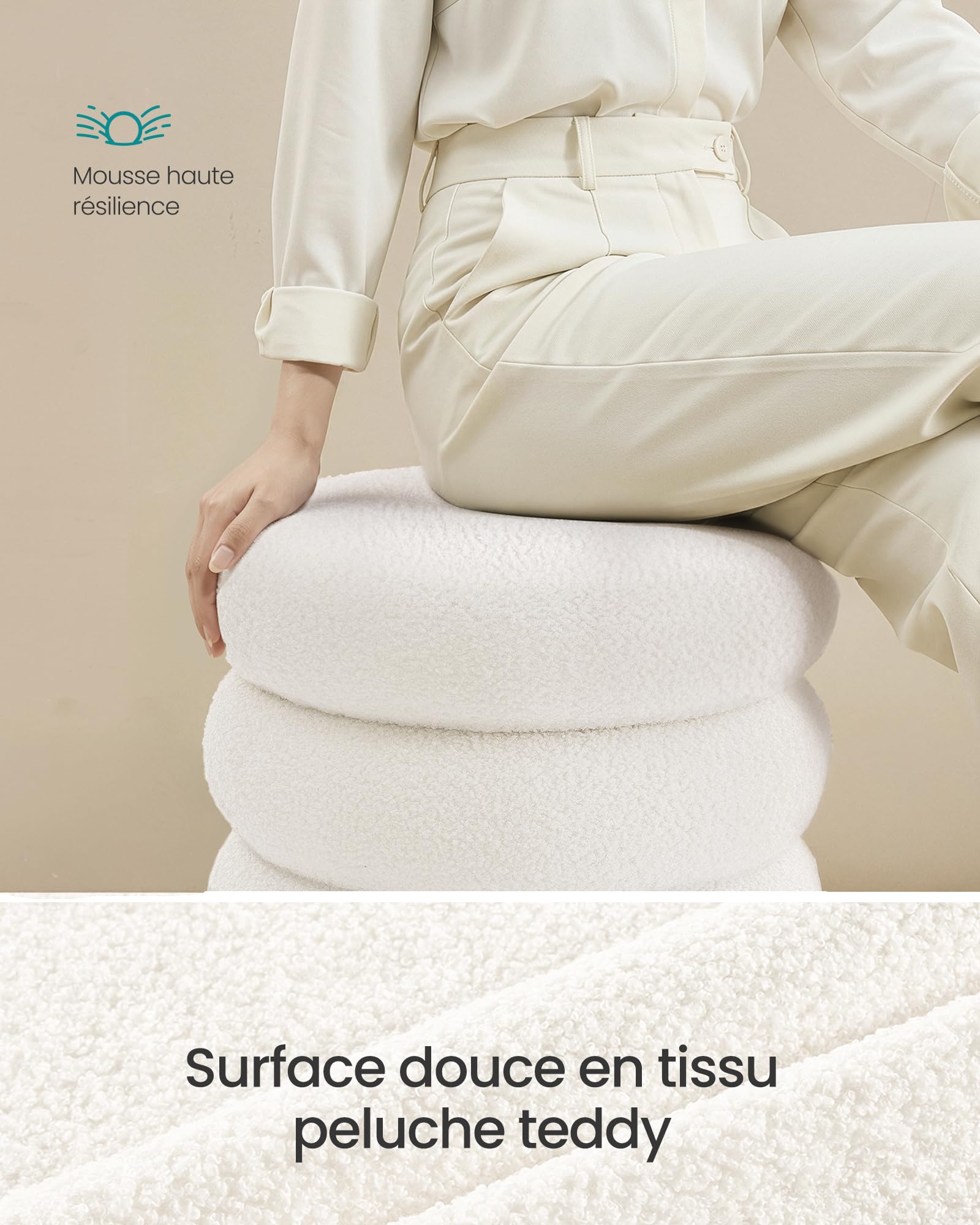 SONGMICS Tabouret de Coiffeuse, Pouf Rond avec Rangement, Repose-Pieds Rembourré, Couvercle Amovible, pour Salon, Chambre, Entrée, Montage Facile, 43 x 47 cm, Tissu Peluche Teddy, Blanc LOM015WD01